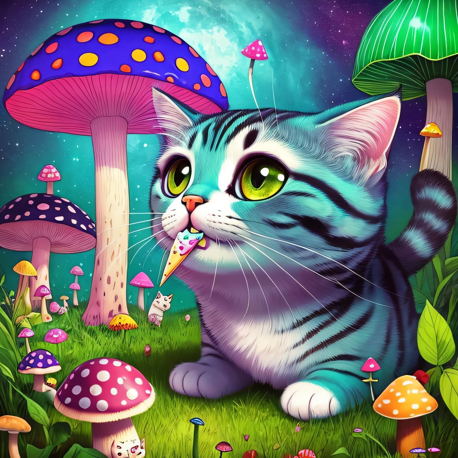 cute cat big eyes eating ice cream and mushroom, psychedelic --auto --s2