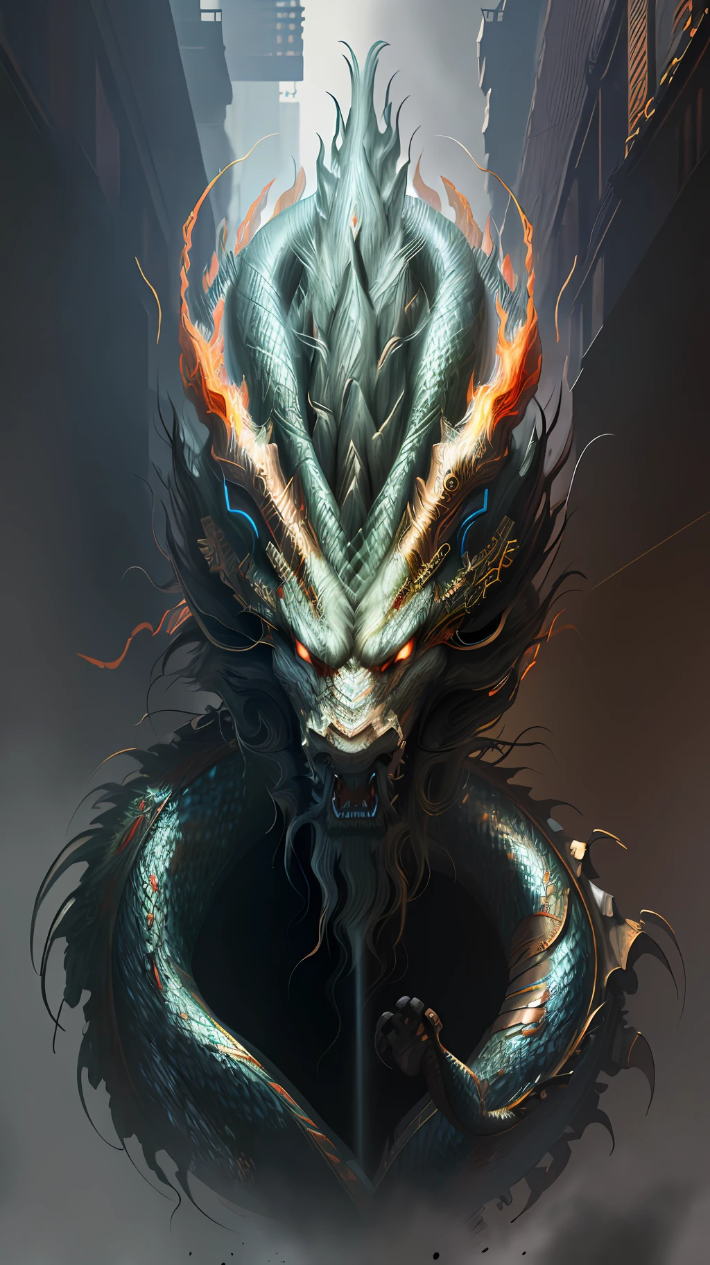 Chinese Dragon, Battle, Armor, Maiden, Antique, Flame, Cyberpunk, Master Works, Shock Composition, Realistic Texture, Full Body Shot