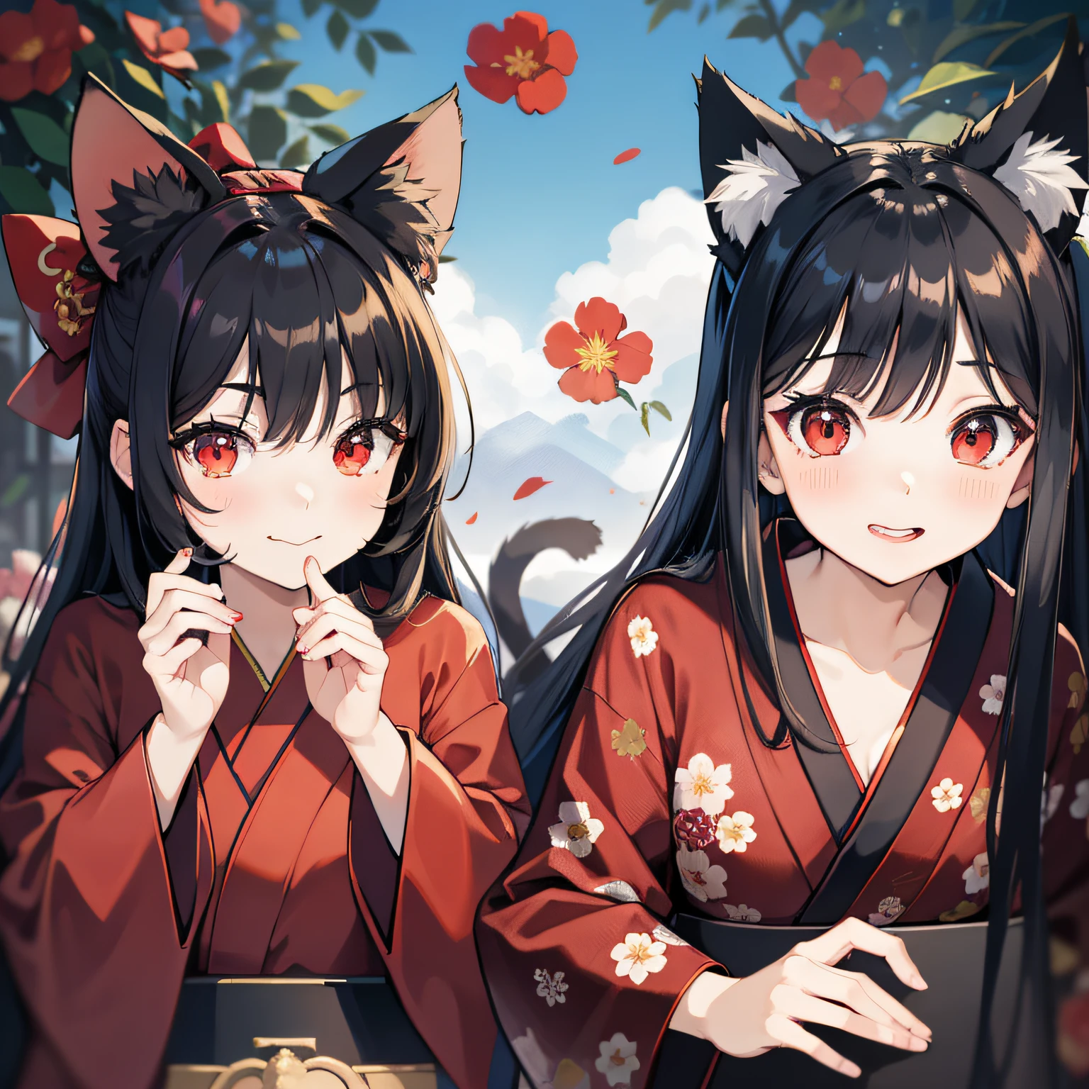 masterpiece, high resolution, high quality, NSFW, 2 girls, red kimono, floral pattern, small breasts, cat ears, red eyes, black hair, long hair, black kimono, big breasts, cat ears, floral pattern, red eyes, black hair, ponytail