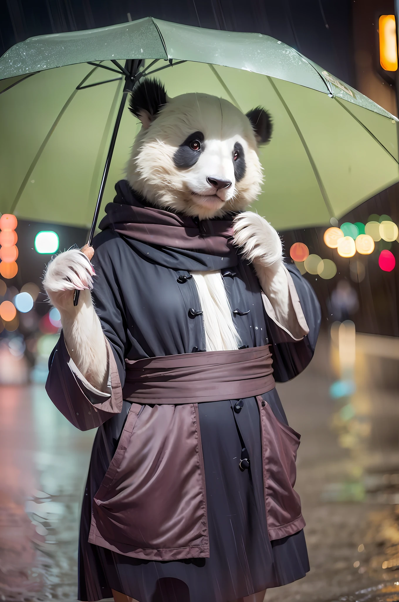 mix4, silk clothing, (8k, RAW photo, best quality, craftsmanship:1.2), (realistic, photoreal:1.37), cute, cityscape, night, rain, humidity, professional lighting, photon mapping, radiosity, physically based canal dye, a real cute panda man