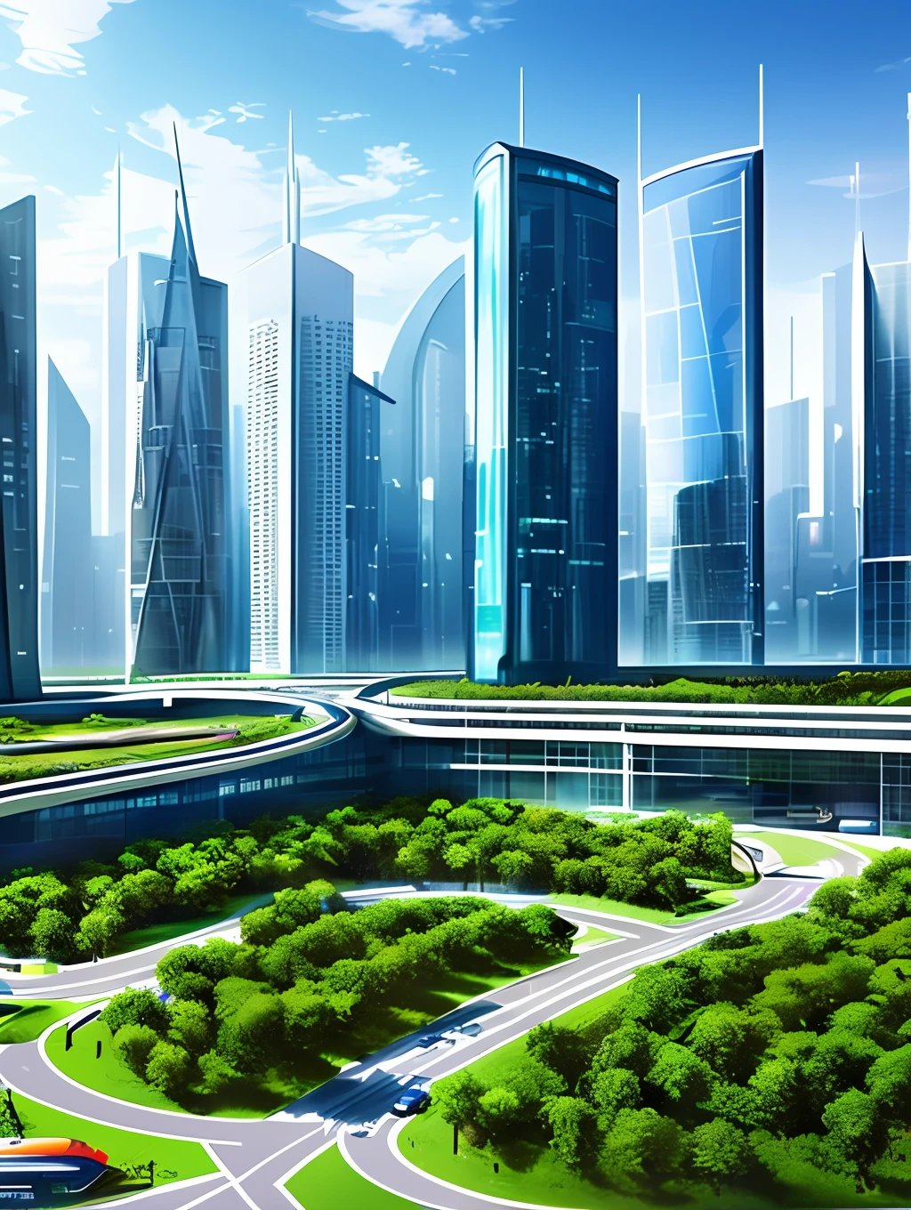 "Create an image of a futuristic city in the year 2067, where advanced technology and sustainability are the main features. Imagine tall, modern buildings with green roofs and renewable energy. Include flying vehicles, clean and efficient transportation systems, and large, well-maintained green areas. The city's population should be diverse and active, both in its lifestyle and in its appearance. Use a vibrant, technological color palette to create an exciting and inspiring atmosphere. Show us the city of the future that we all dream of inhabiting."