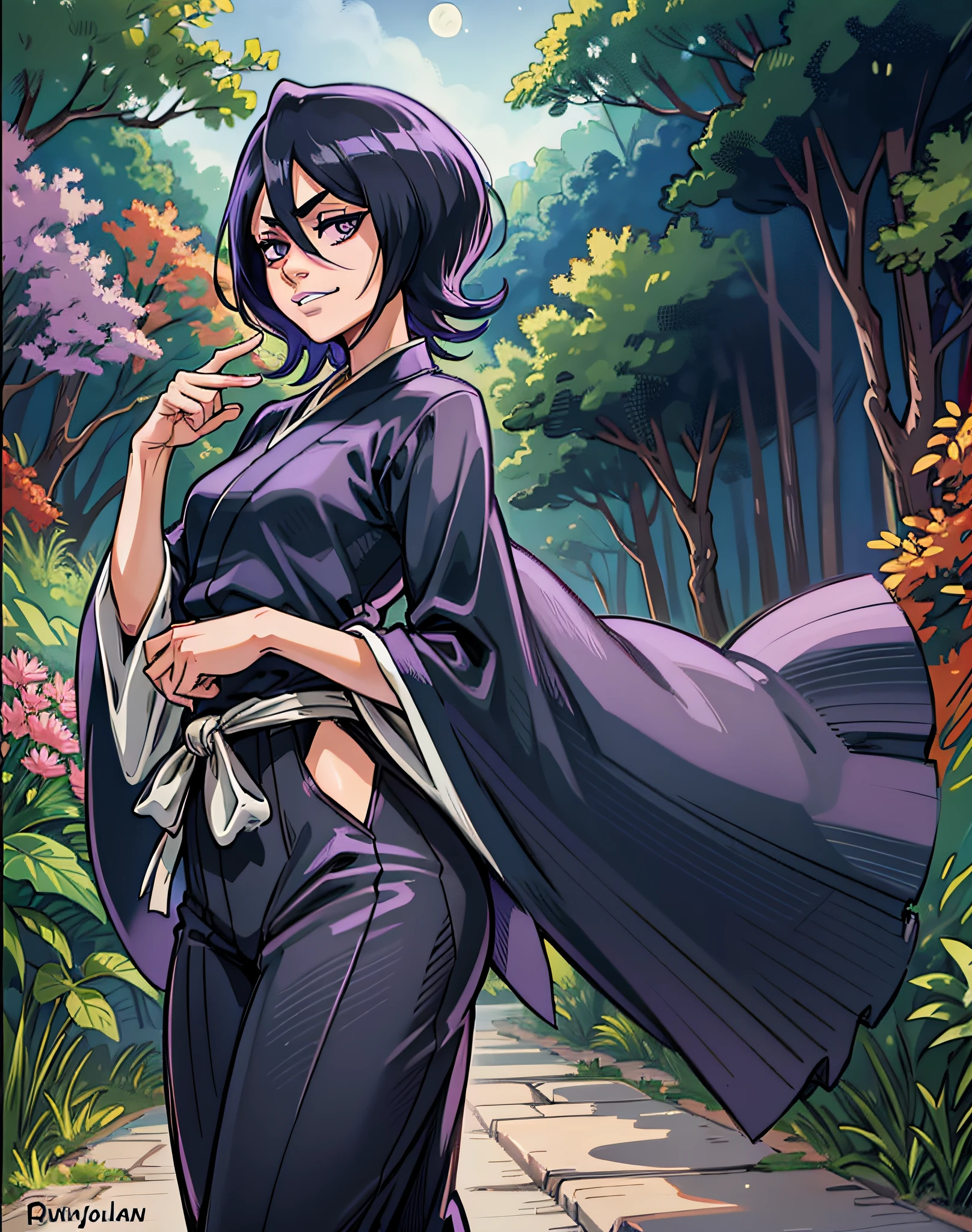 anime screen, night sky, moon, forest, path, 1girl, solo, short hair, black hair, purple eyes, japanese clothes, looking at the viewer, black kimono, hair between eyes, cowboy shot, wide sleeves, hakama pants, back, closed mouth, grin, walk, look around, wide hips, big ass