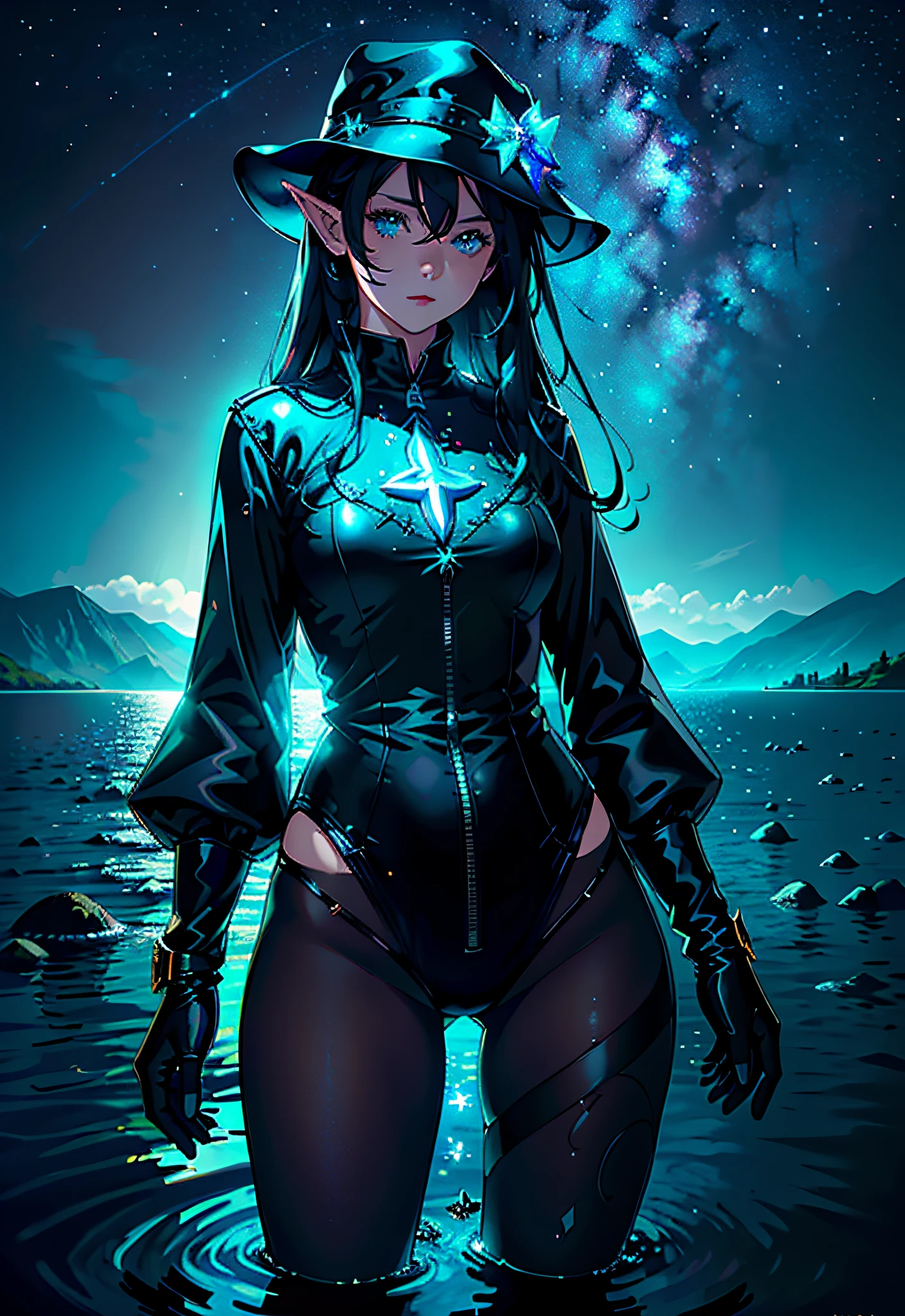 ((masterpiece)), ((bestquality))), (ultra-detailed), (illustration), (disheveledhair), ((colorful refraction)), ((beautiful detailed sky)), (thigh focus), (dark intense shadows), ((cinematic lighting)), ((Overexposure)), Depth of Field, Flat Color, (Beautiful Detailed Girl), Beautiful Detailed Glow, Detailed Lighting, Detailed Water, (Beautiful Detailed Eyes), Perfect Light, Lake, Sceptre, Night, Starry Sky, 1girl, Solo, (80d:1.2), (Black Pantyhose: 1.2), Standing in the Sea, Partially Submerged, Leprechaun, Black Hair, Blue Eyes, Elf Ears, Thunder Hat, Red Leather Coat, :D, Ulzzang-6500-v1.1