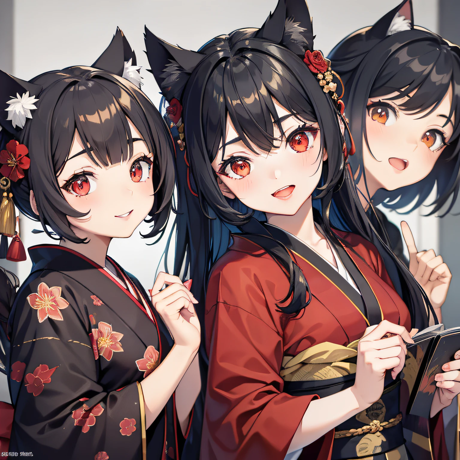 masterpiece, high resolution, high quality, NSFW, 2 girls, red kimono, floral pattern, small breasts, cat ears, red eyes, black hair, long hair, black kimono, big breasts, cat ears, floral pattern, red eyes, black hair, ponytail