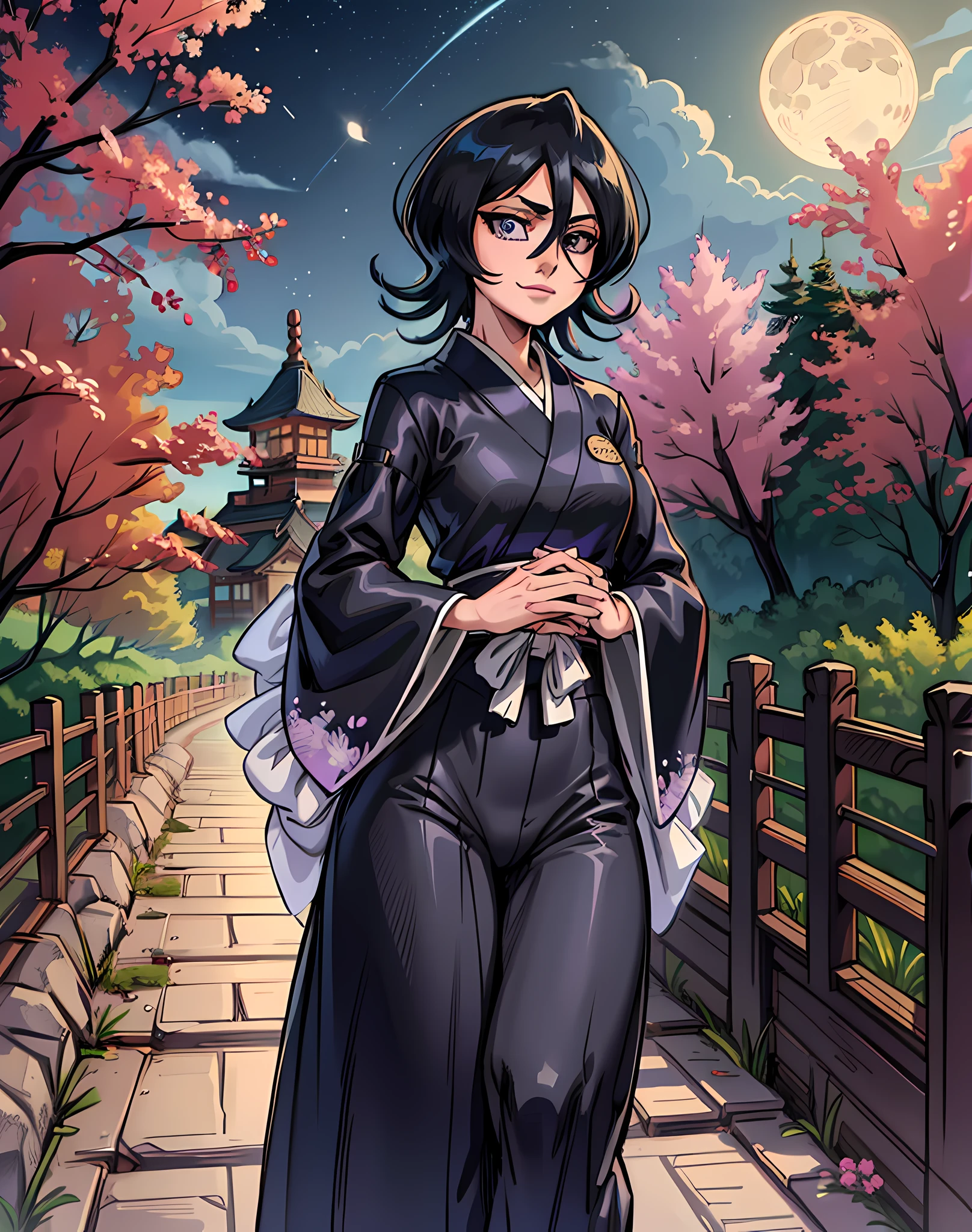 anime screen, night sky, moon, forest, path, 1girl, solo, short hair, black hair, purple eyes, japanese clothes, looking at the viewer, black kimono, hair between eyes, cowboy shot, wide sleeves, hakama pants, back, closed mouth, grin, walk, look around, wide hips, big ass