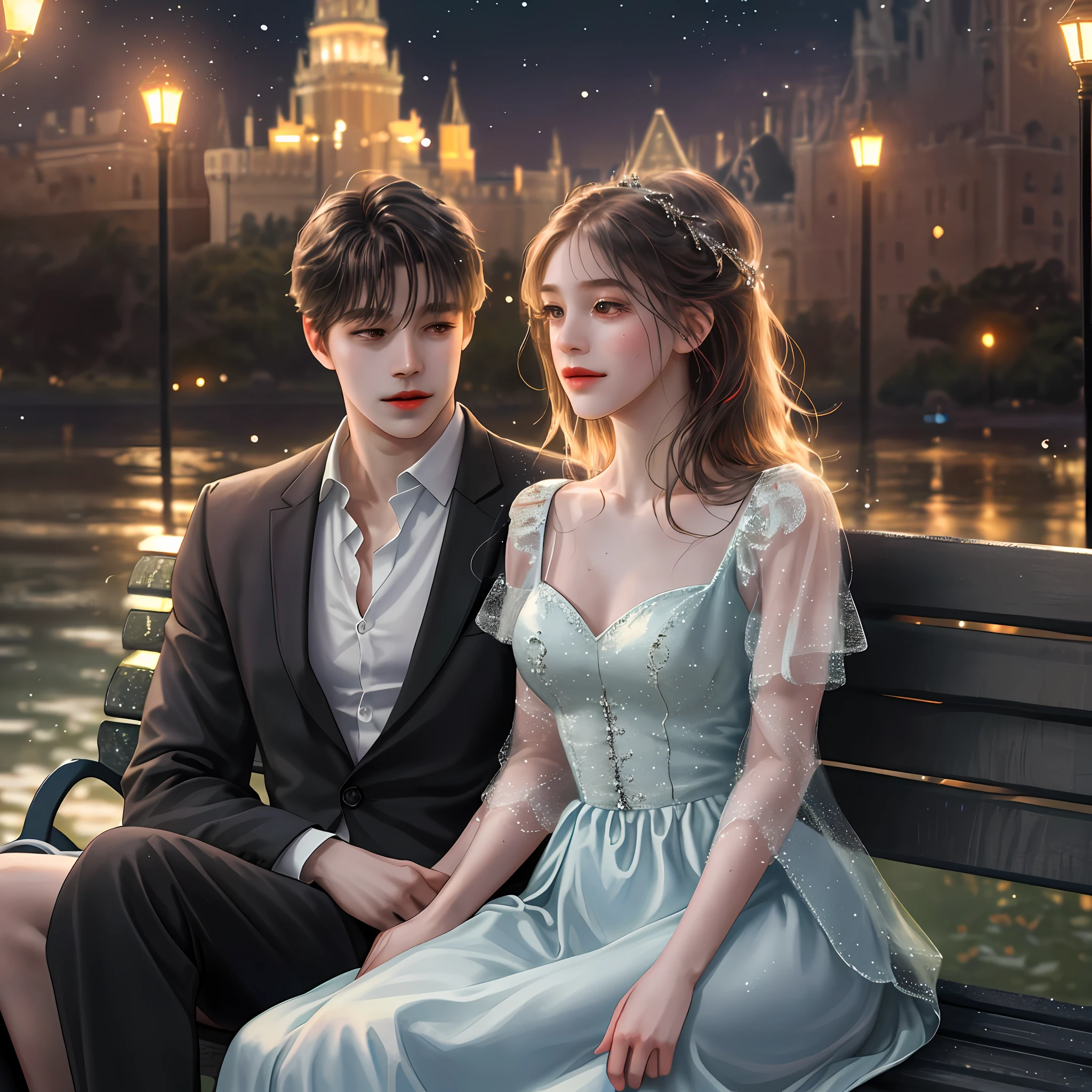 Intimate and high-quality photos of (Couple:1.2), Sit On (Bench:1.1), (Enchanting Light:1.1), sexy, passionate, exquisitely detailed, (sweat:1.1) with (glittering droplets:1.1), castle backgrounds, Sony Alpha 7R IV Camera, Digital Photo, f/2.8 lens, black-red, , Too many realistic textures, trends on social media, night light
