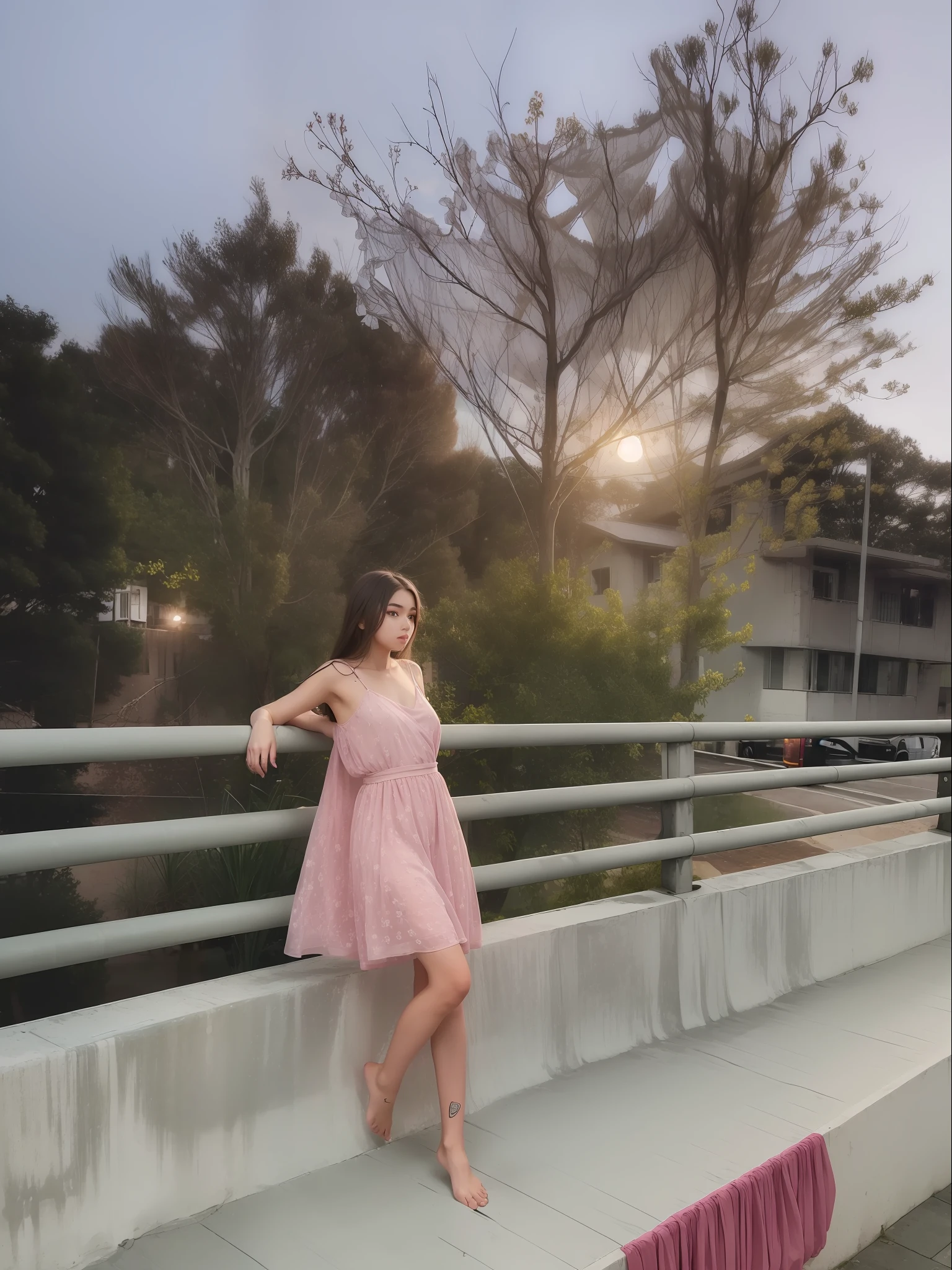 1girl, in middle of bridge, in evening, moon light, barefoot, wearing pink short gown, curtain grab, curtains, covered navel, covered, black hair, sheet grab, standing, smile, solo, tail, lily_\(flower\), looking a viewer, (flat chest:1.2), solo, beautiful and delicate detailed girl, illustration, unity 8k wallpaper, masterpiece, best quality, (upper body:1.6),