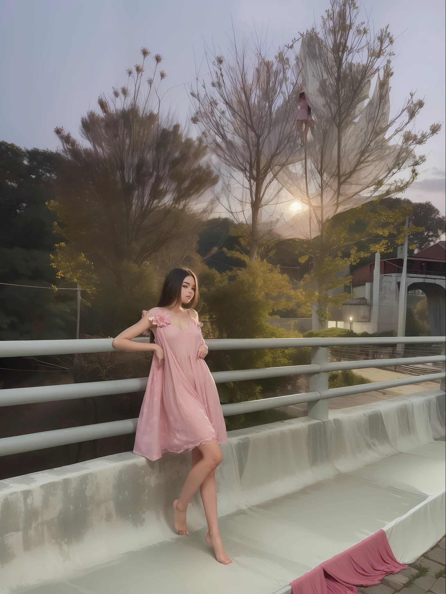 1girl, in middle of bridge, in evening, moon light, barefoot, wearing pink short gown, curtain grab, curtains, covered navel, covered, black hair, sheet grab, standing, smile, solo, tail, lily_\(flower\), looking a viewer, (flat chest:1.2), solo, beautiful and delicate detailed girl, illustration, unity 8k wallpaper, masterpiece, best quality, (upper body:1.6),