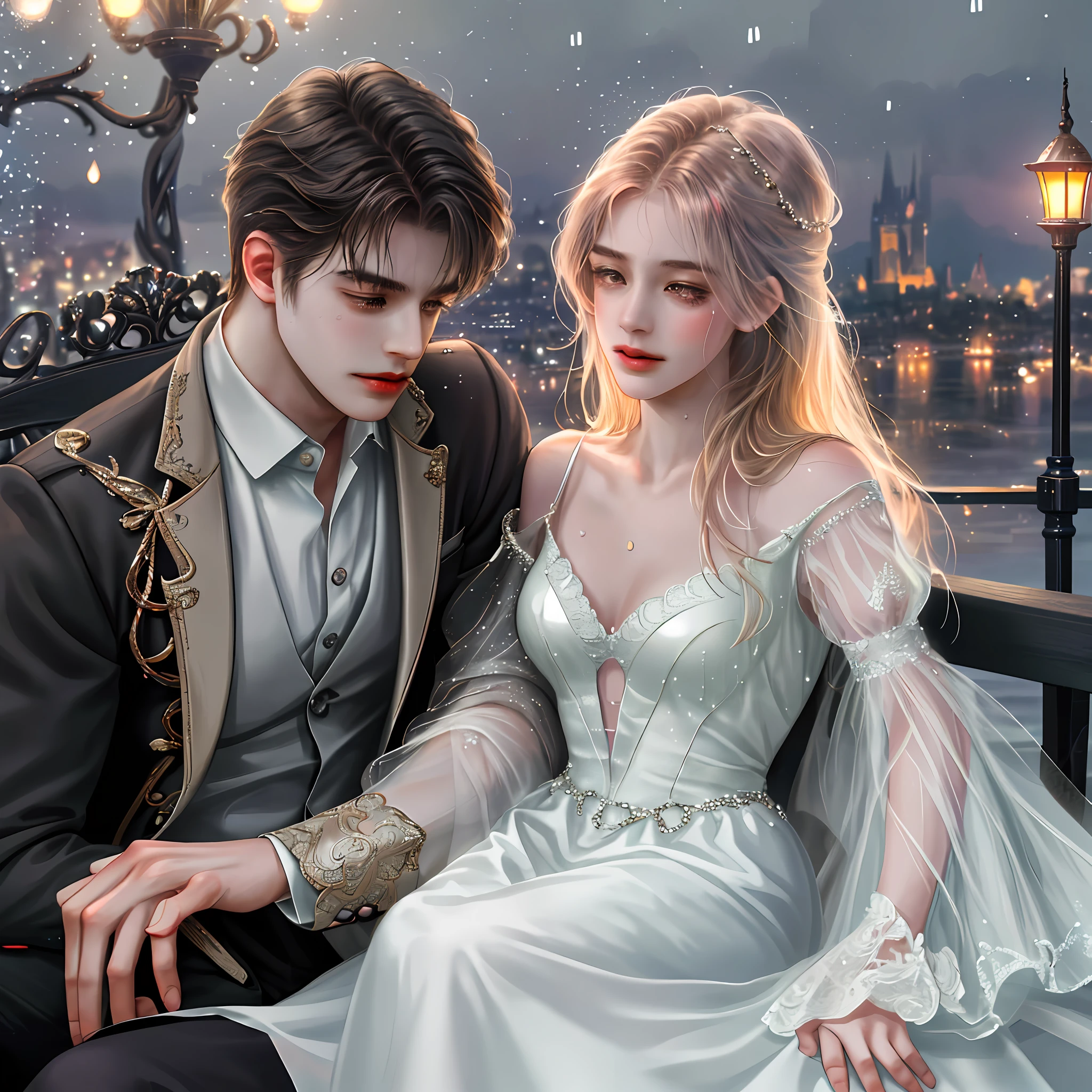 Intimate and high-quality photos of (male and female couples) sitting on the lap (bench:1.1), (enchanting lighting:1.1), sexy, passionate, exquisitely detailed, (sweat:1.1) with (glittering droplets:1.1), castle backgrounds, Sony Alpha 7R IV Camera, Digital Photo, f/2.8 lens, black-red, , Too many realistic textures, trends on social media, night light