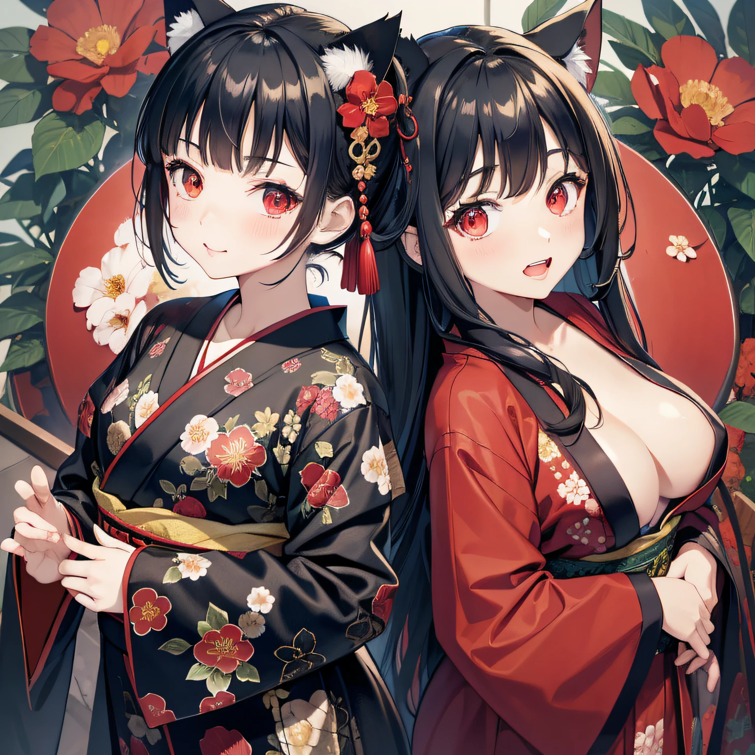 masterpiece, high resolution, high quality, NSFW, 2 girls, red kimono, floral pattern, small breasts, cat ears, red eyes, black hair, long hair, black kimono, big breasts, cat ears, floral pattern, red eyes, black hair, ponytail