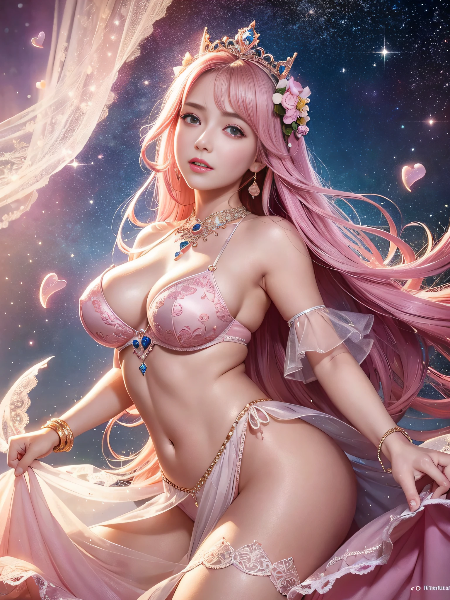 1woman, beautiful princess, Queen of love, country of love, world full of love, smile, big breasts, gorgeous pink dress, affection, woman filled with love, space filled with hearts, woman in love, pink space, dyed pink, warm, dazzling light, unrealistic, fairy tale, fantasy, masterpiece, ultra high definition, (High Resolution: 1.4), Raw Photography, Very Delicate And Beautiful, Very Detail, 8K Resolution, (Realistic, Photorealistic: 1.37), High Pixel Density,