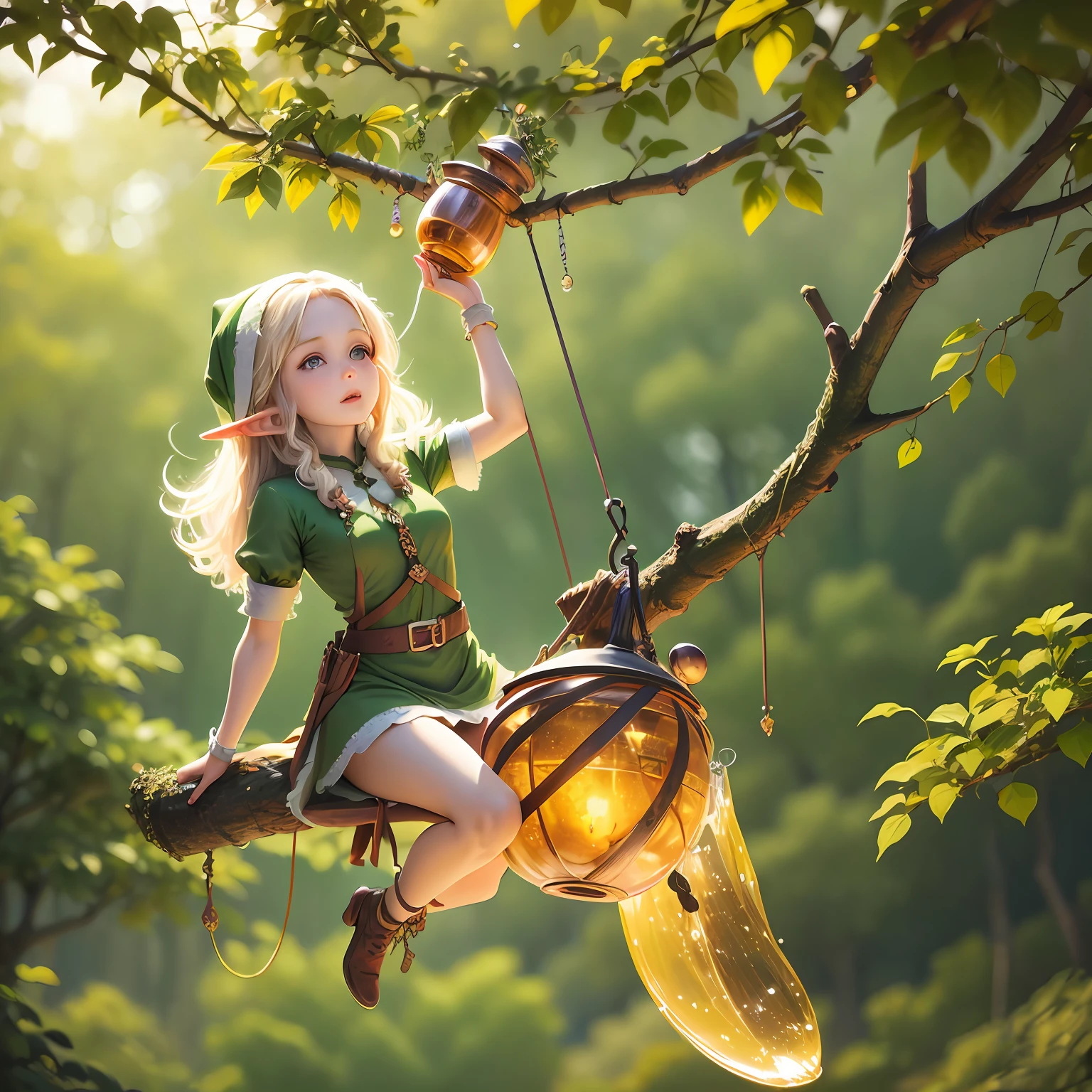 there is a woman sitting on a tree branch holding a lantern, elf girl, 2. 5 d cgi anime fantasy artwork, childrens art in artstation, hyperrealistic fantasy art, little elf girl, beautiful wood elf, realistic fantasy artwork, lalafell, realistic fantasy render, realistic fantasy photography, portrait of very beautiful elf, epic fantasy digital art style, fantasy character photo