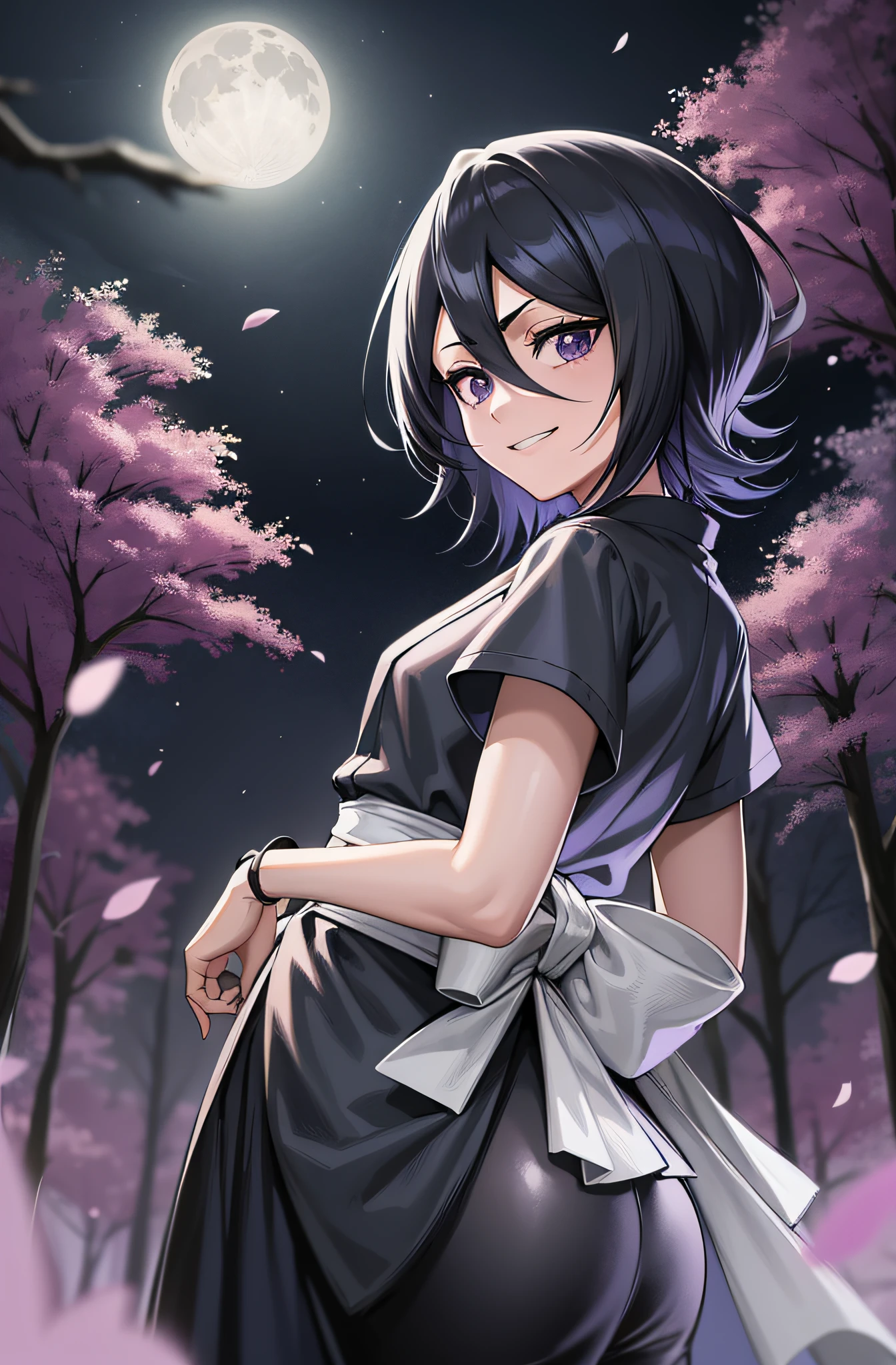 anime screen, night sky, moon, forest, path, 1girl, solo, short hair, black hair, purple eyes, japanese clothes, looking at the viewer, black kimono, hair between eyes, cowboy shot, wide sleeves, hakama pants, white_sash, back, closed mouth, grin, walk, look around, wide hips, big ass