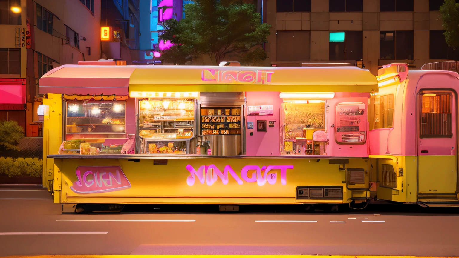 Night on city streets bright food trucks, neon street, vibrant lights, neon tokyo, vibrant and vibrant, dinner, Jen Bartel, night, neon lighting, neon lighting, japanese cyberpunk street, neon night, exterior shoot, vibrant setting, pink yellow and blue neon signs, japanese neon signs, iron light jinruit, night shots, three sided view