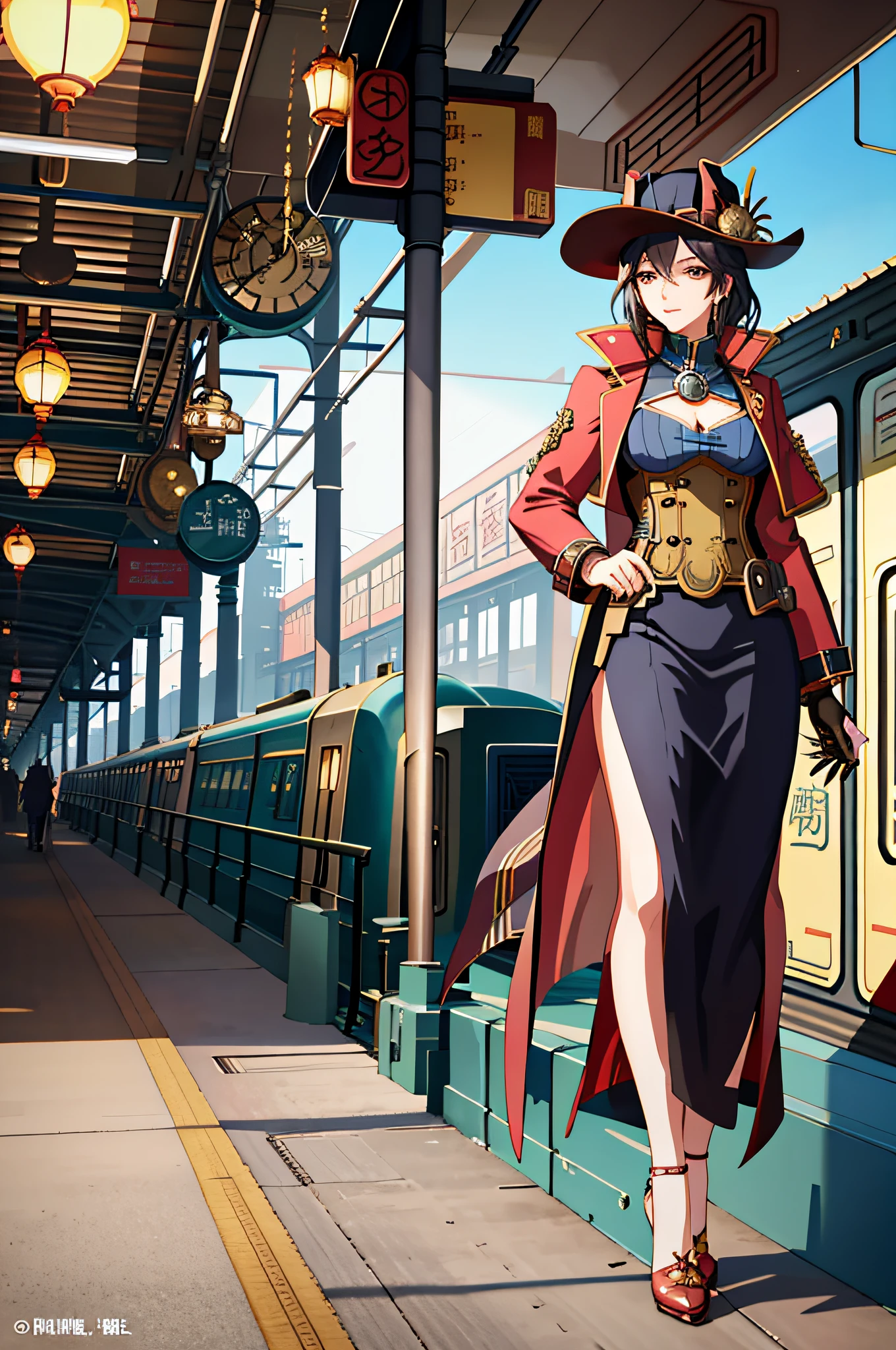 anime - style illustration of a woman in a hat and coat standing in front of a train station, a character portrait by Ni Yuanlu, cgsociety contest winner, fantasy art, steampunk beautiful anime woman, steampunk fantasy style, in steampunk cityscape, steampunk illustration, steampunk concept art, inspired victorian sci - fi, steampunk girl, steampunk world, lofi steampunk bioshock portrait