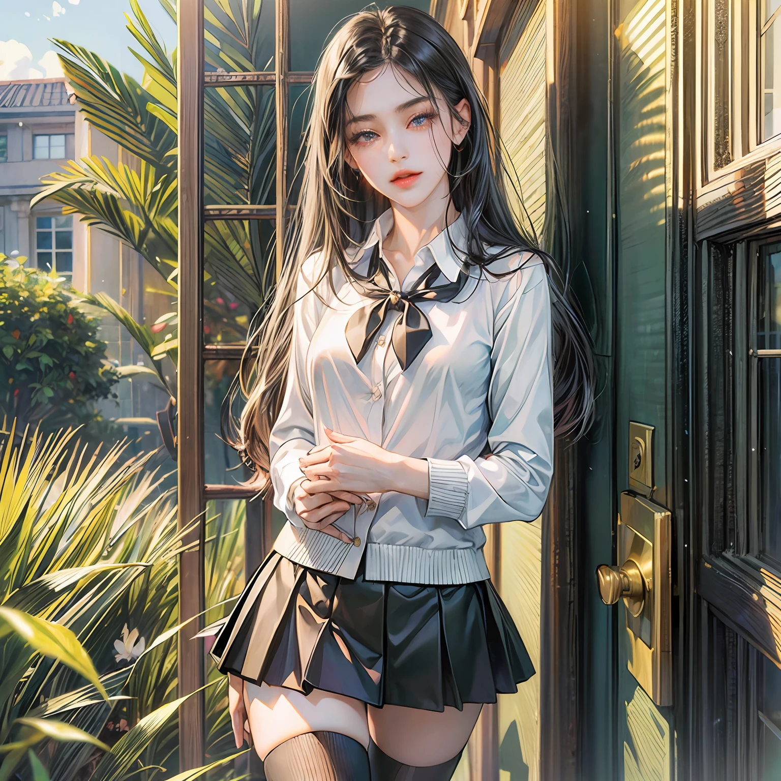 ((masterpiece, best_quality)), 1girl, (photorealistic:1.4), solo, white_background, black_hair, long_hair, zettai_ryouiki, skirt, ((full_body)), --auto --s2
