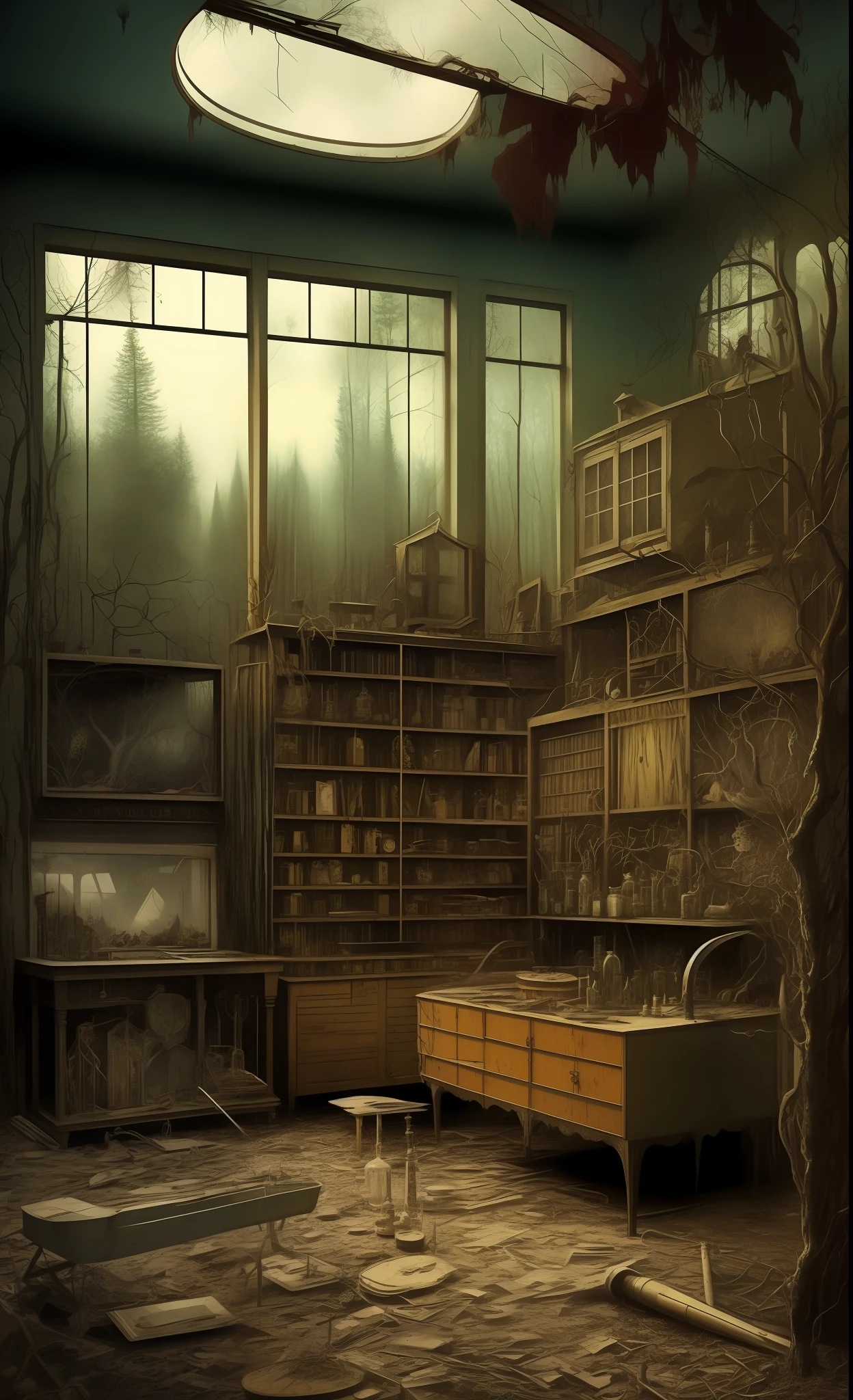 psychedelic art, horror, interior of abandoned laboratory, dilapidated, taxidermy, medical implements, chemistry, forest, trees, terror, fangs
