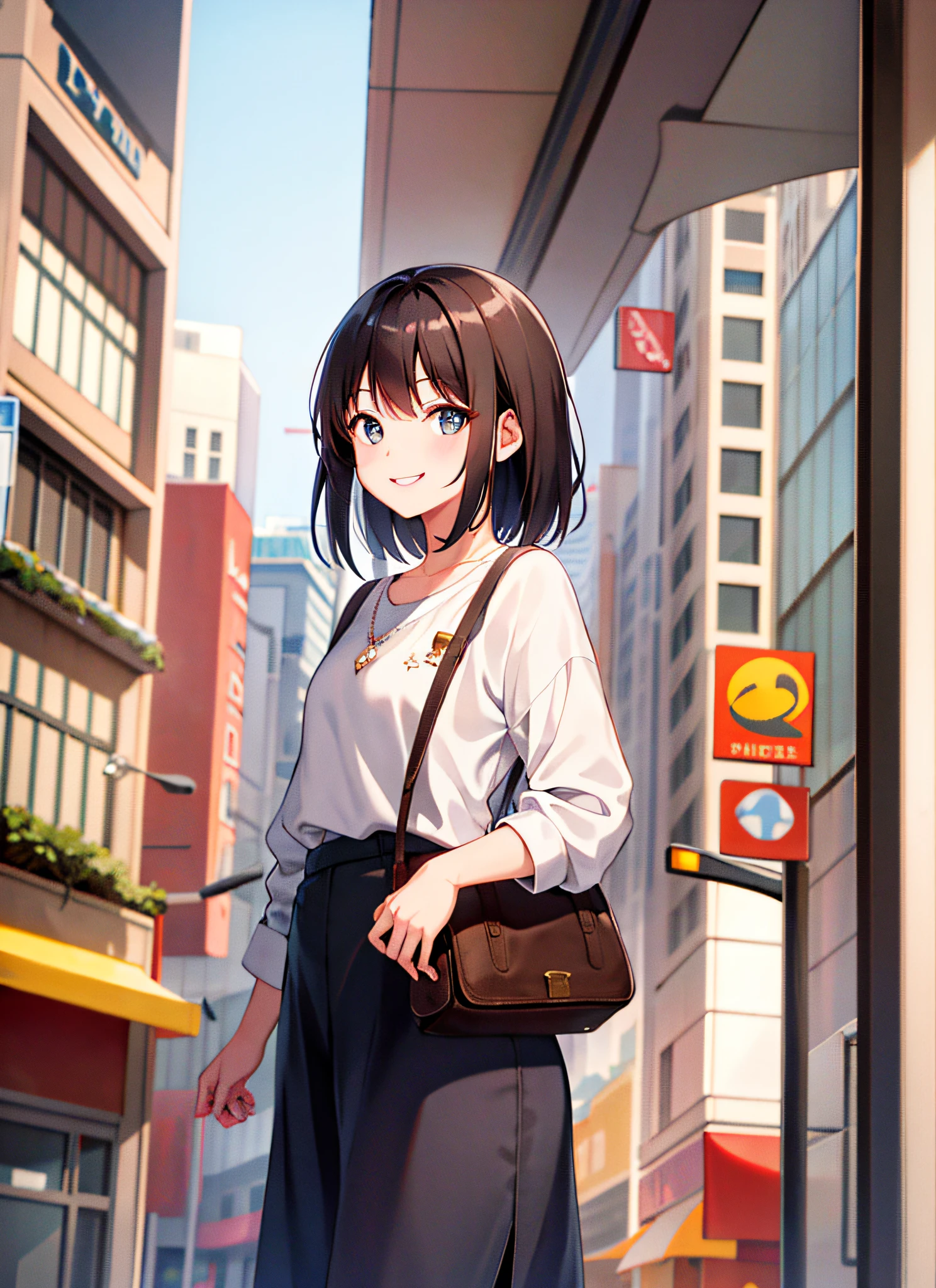 (day), 1 girl, alone, looking at viewer, (downtown), cowboy shot, smile, dark hair,summer