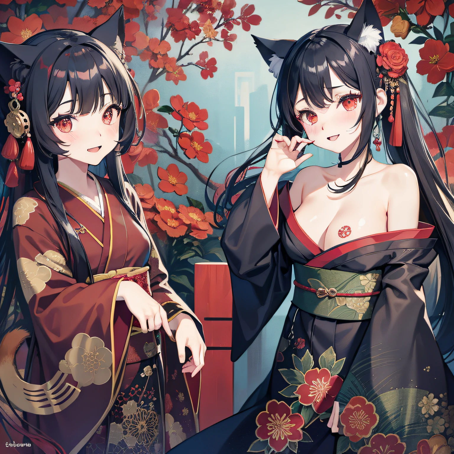 masterpiece, high resolution, high quality, NSFW, 2 girls, red kimono, floral pattern, small breasts, cat ears, red eyes, black hair, long hair, black kimono, big breasts, cat ears, floral pattern, red eyes, black hair, ponytail