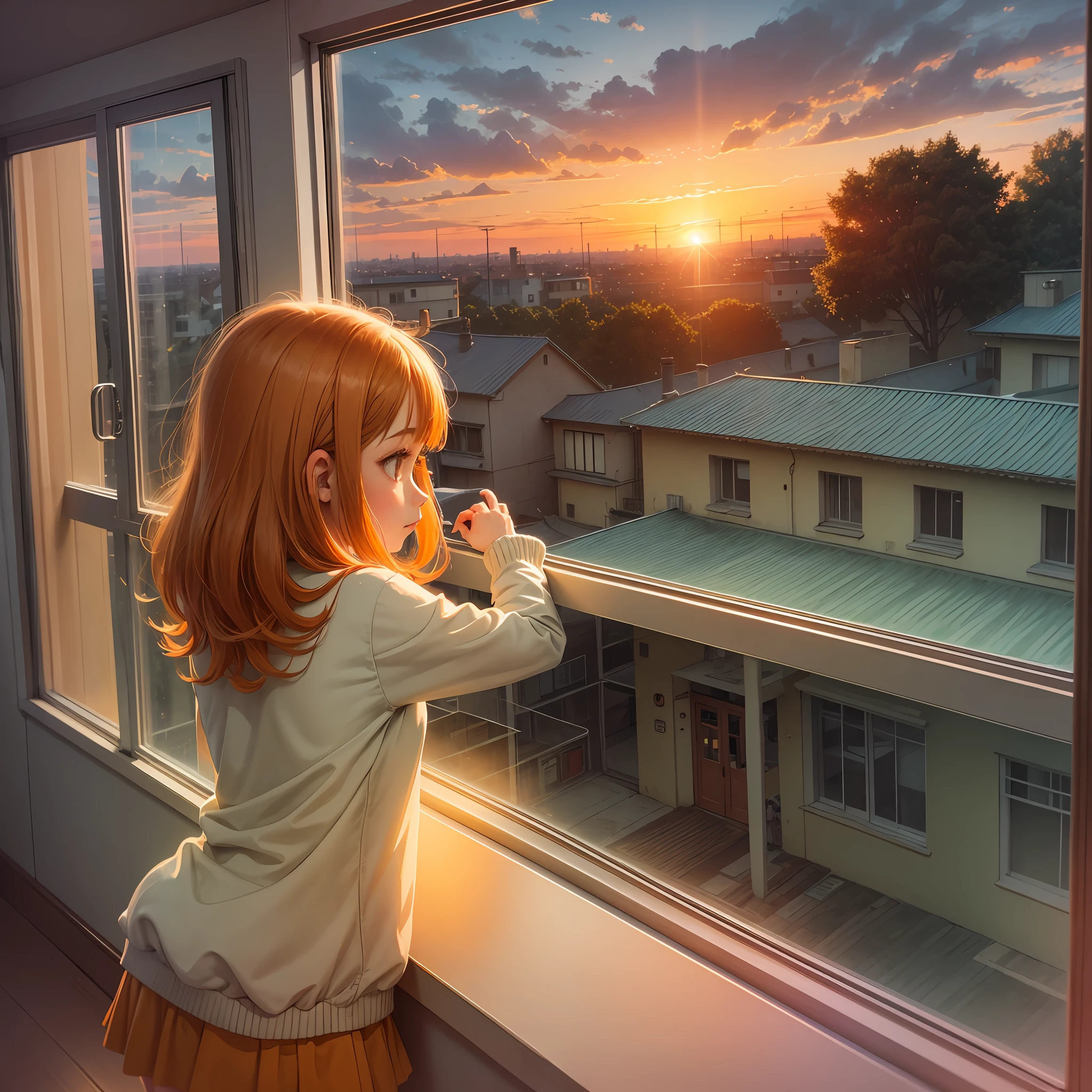 Lofi style image, of a girl looking out the window, at the back of the window has a beautiful sunset, orange colors --auto --s2