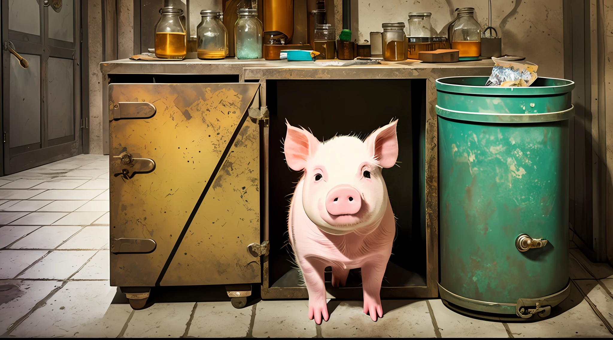 /imagine prompt: watercolor of The little pig hiding behind the laboratory trash can is very scared ,Hide behind the trash can::8, laboratory::3, Cute Pig::7, Golden ratio::5, first-person view::6, Unreal Engine::10, beautiful lighting::10, Cinematic light::11, Volumetric light::6, Fantasy::6, Pop art::5, hyper quality::6, Steampunk::10 --seed 252441588 --s 400 --q 2 --c 30