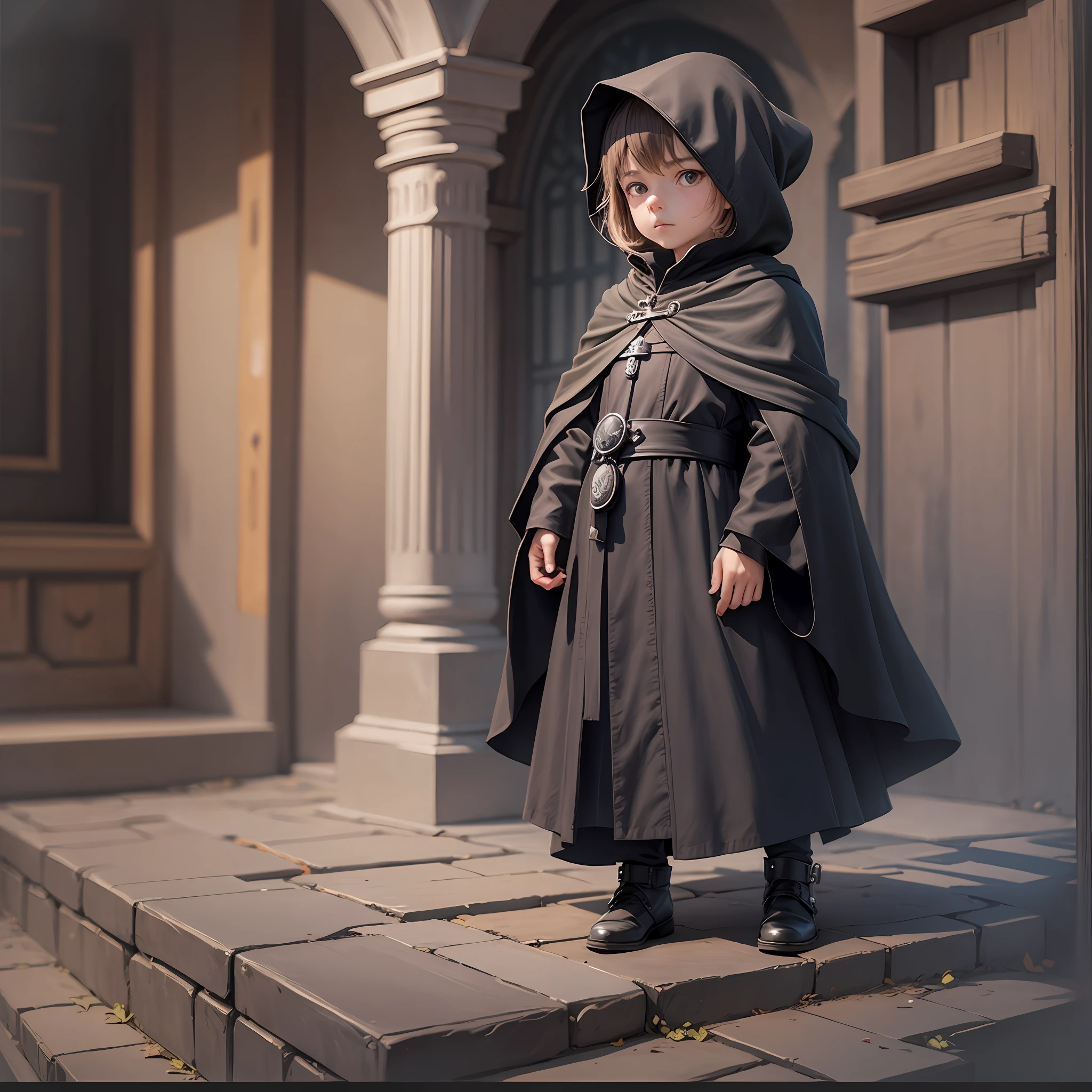 Little mage in a black cloak, three views, with black circles