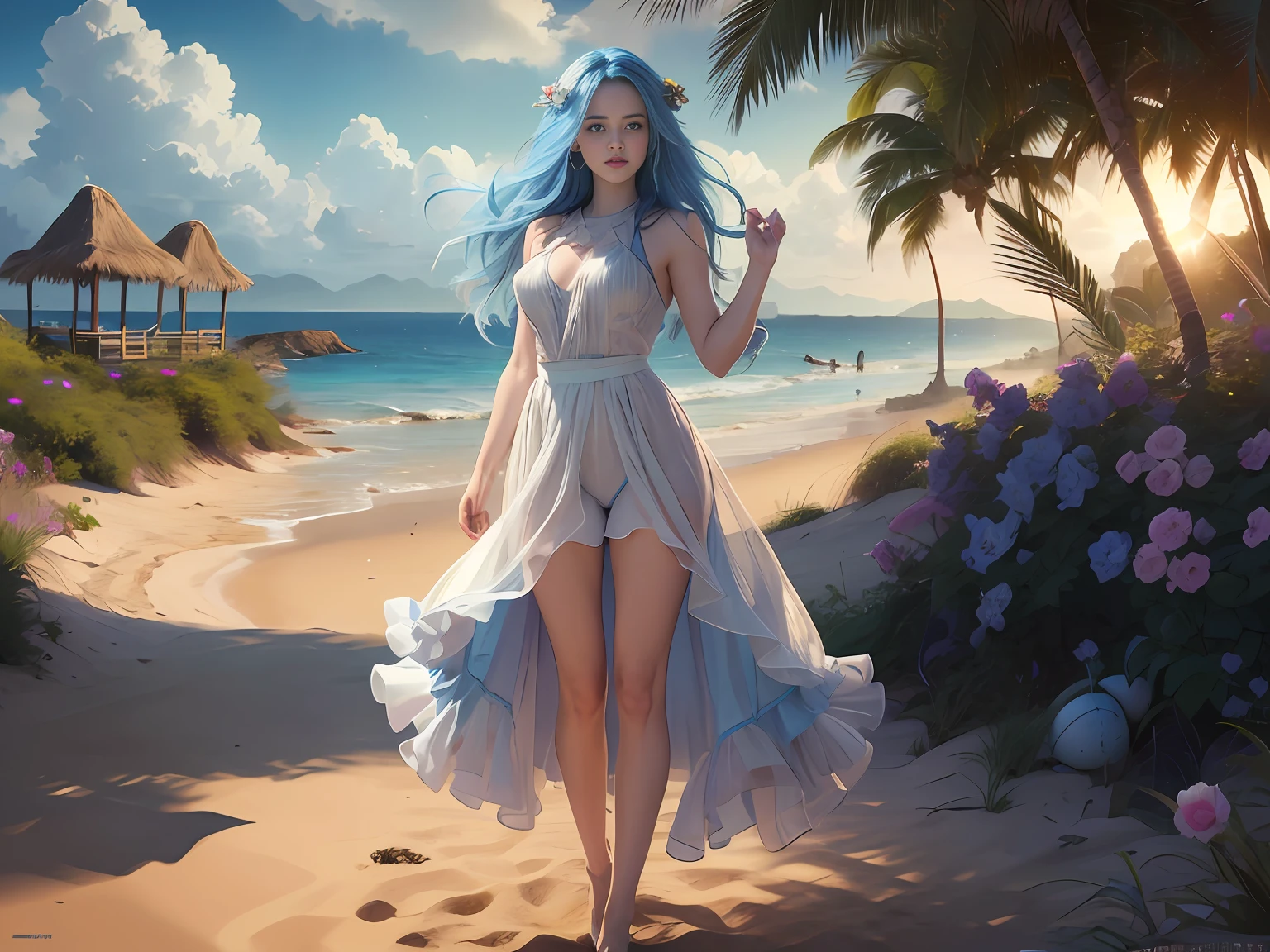 (masterpiece, best quality, 1girl, full body, nature, reeds, bloom, light smile, long hair, blue hair, blue eyes, pov: 1.8), (hourglass body: 1) (2 hands: 1) (easter eggs: 1.3) (5 fingers: 1) (super high quality: 1.5), 1 thumb,4fingers,Blonde girl stands on the sandy beach of the island, the sun shines on her shiny blonde hair --auto --s2