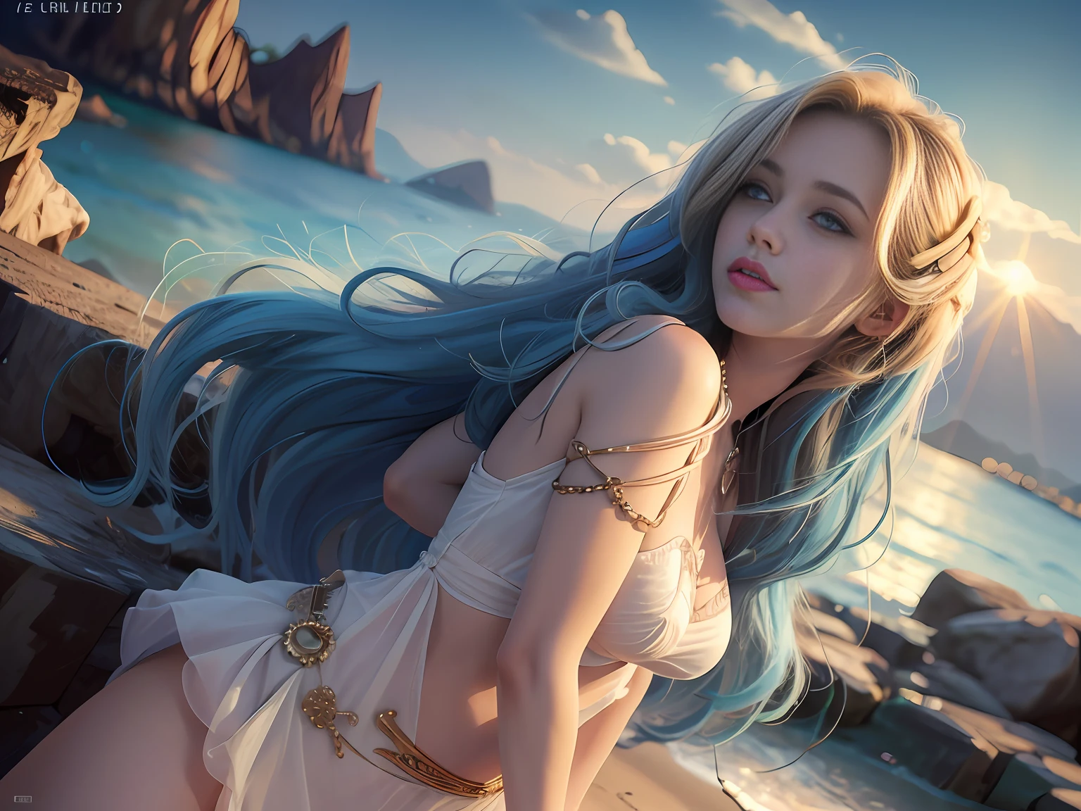 (masterpiece, best quality, 1girl, full body, nature, reeds, bloom, light smile, long hair, blue hair, blue eyes, pov: 1.8), (hourglass body: 1) (2 hands: 1) (easter eggs: 1.3) (5 fingers: 1) (super high quality: 1.5), 1 thumb,4fingers,Blonde girl stands on the sandy beach of the island, the sun shines on her shiny blonde hair --auto --s2