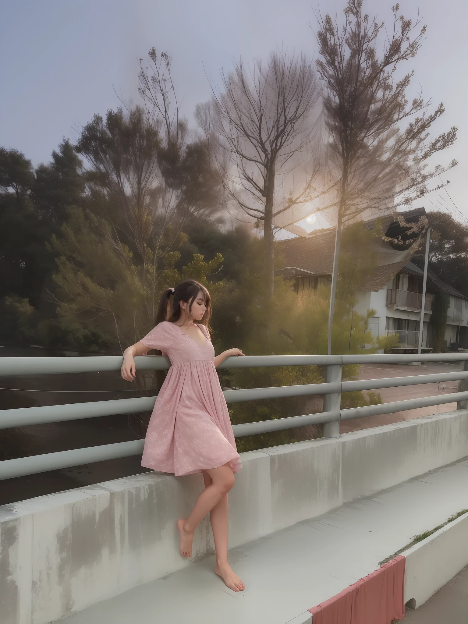 1girl, in middle of bridge, in evening, moon light, barefoot, wearing pink short gown, curtain grab, curtains, covered navel, covered, black hair, sheet grab, standing, smile, solo, tail, lily_\(flower\), looking a viewer, (flat chest:1.2), solo, beautiful and delicate detailed girl, illustration, unity 8k wallpaper, masterpiece, best quality, (upper body:1.6),