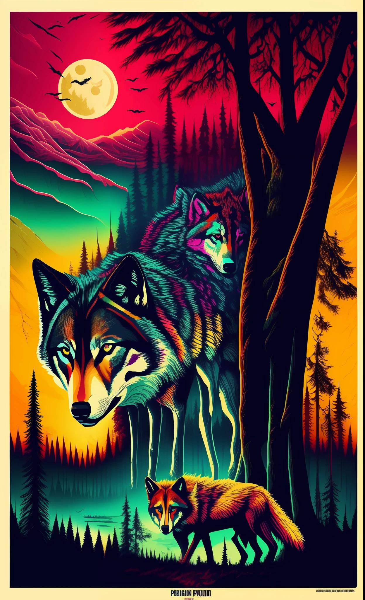 psychedelic art, horror, wolf pack hunting, forest, trees, terror, fangs, river of blood