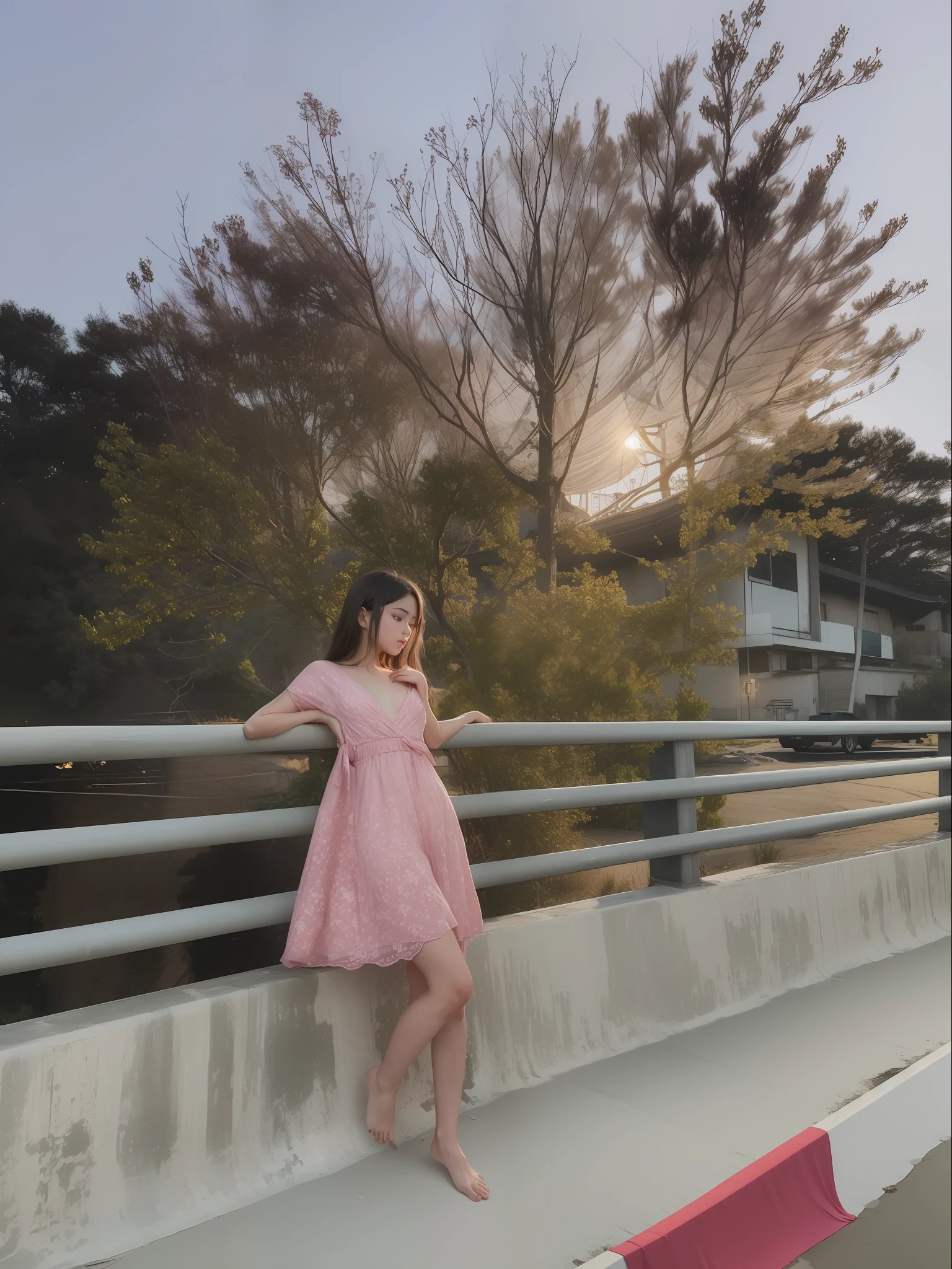 1girl, in middle of bridge, in evening, moon light, barefoot, wearing pink short gown, curtain grab, curtains, covered navel, covered, black hair, sheet grab, standing, raised head a little and looked at the sky, smile, solo, tail, lily_\(flower\), looking a viewer, (flat chest:1.2), solo, beautiful and delicate detailed girl, illustration, unity 8k wallpaper, masterpiece, best quality