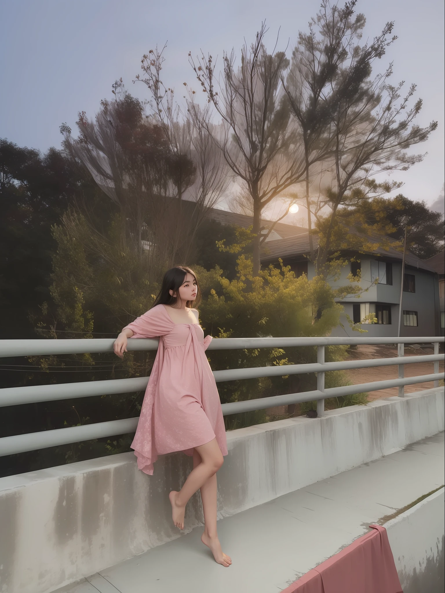 1girl, in middle of bridge, in evening, moon light, barefoot, wearing pink short gown, curtain grab, curtains, covered navel, covered, black hair, sheet grab, standing, raised head a little and looked at the sky, smile, solo, tail, lily_\(flower\), looking a viewer, (flat chest:1.2), solo, beautiful and delicate detailed girl, illustration, unity 8k wallpaper, masterpiece, best quality