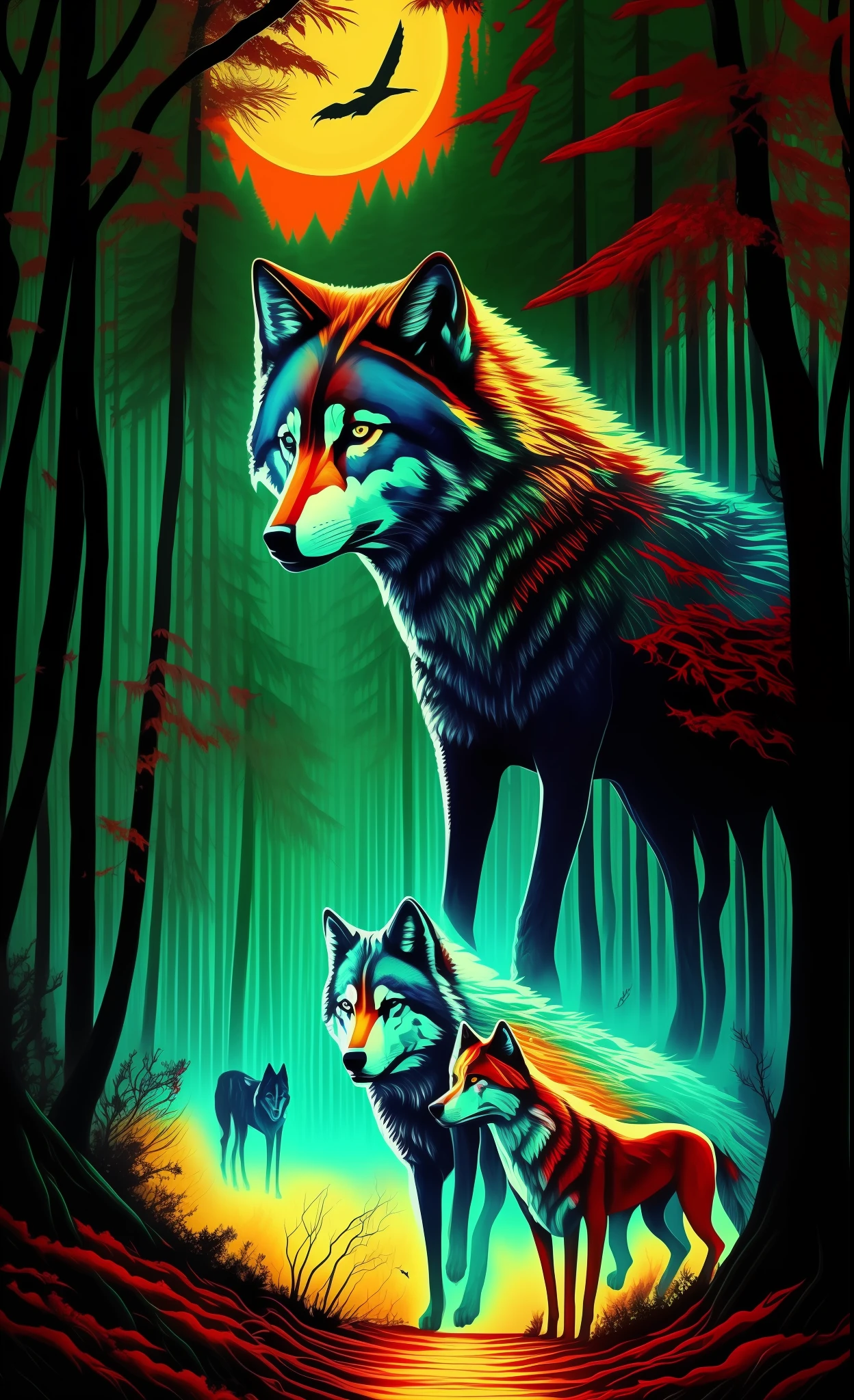 psychedelic art, horror, wolf pack hunting, forest, trees, terror, fangs, river of blood