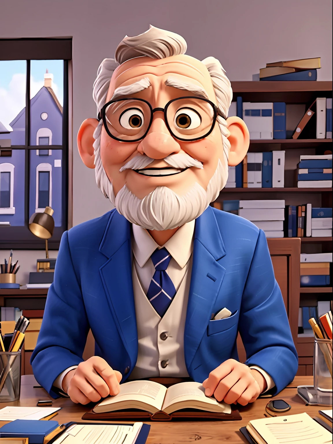 masterpiece, best quality, an old man with beard, no glasses, with formal suit, career is a lawyer, perfect eyes, sitting inside an office, looking at viewer, holding a book, looks smart