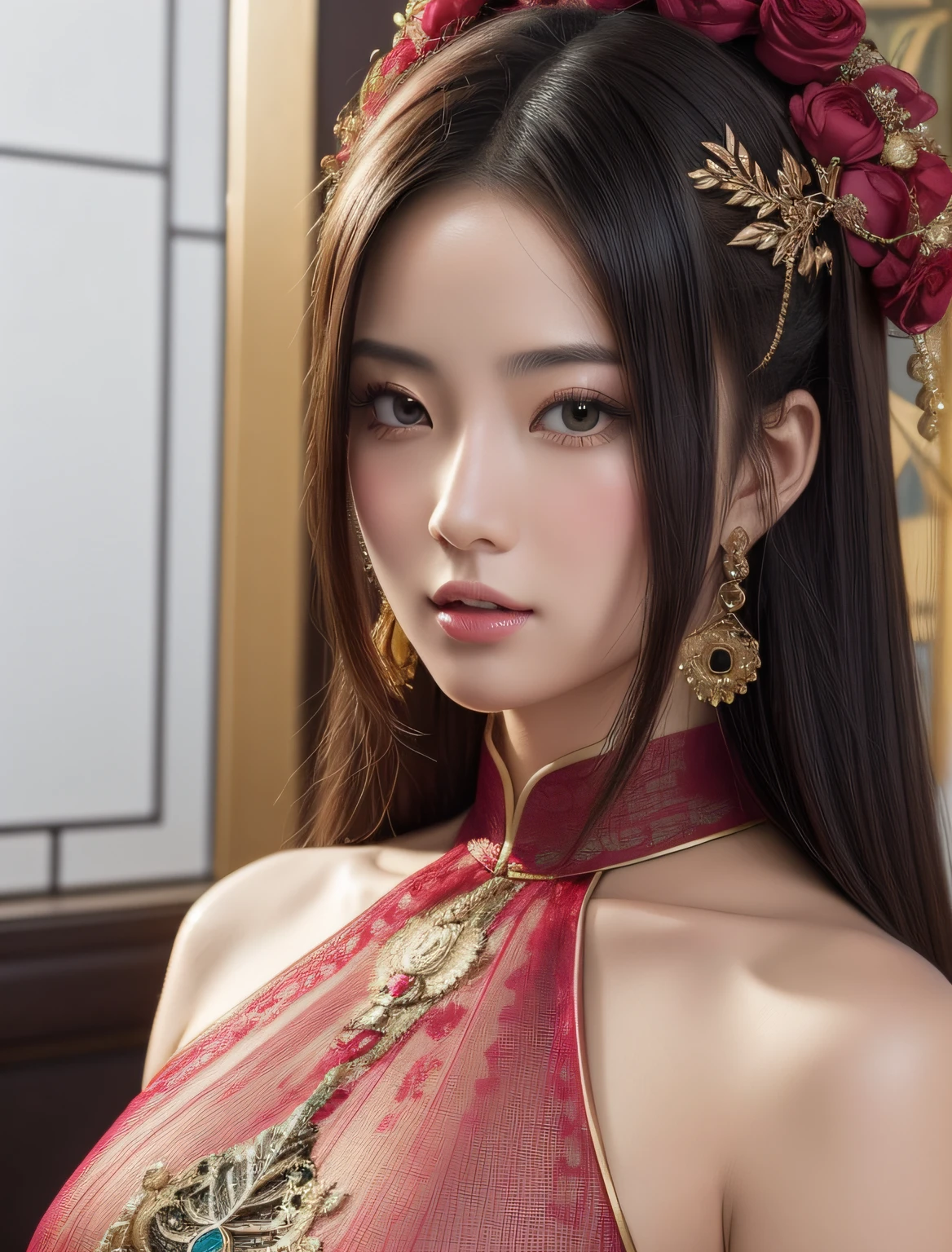 a close up of a woman in a red dress with a sword, game cg, yun ling, full body xianxia, portrait knights of zodiac girl, trending on cgstation, inspired by Li Mei-shu, inspired by Leng Mei, inspired by Lan Ying, xianxia, 3 d anime realistic, xision wu, beautiful render of tang dynasty, (masterpiece:1.4), (8k, photorealistic, RAW photo, best quality: 1.4), japanese, beautiful face, (realistic face:1.4), (high detailed hair:1.3), beautiful hairstyle, realistic eyes, beautiful detailed eyes, (realistic skin:1.3), beautiful skin, attractive, ultra high res, ultra realistic, highly detailed, golden ratio, (detailed face:1.4), (realistic medium breasts:1.4), (braless:1.4), perky_nipples, (see-through outfit, transparent outfit :1.2), (nsfw:1.25), (pink lips), (slender body:1.2)
