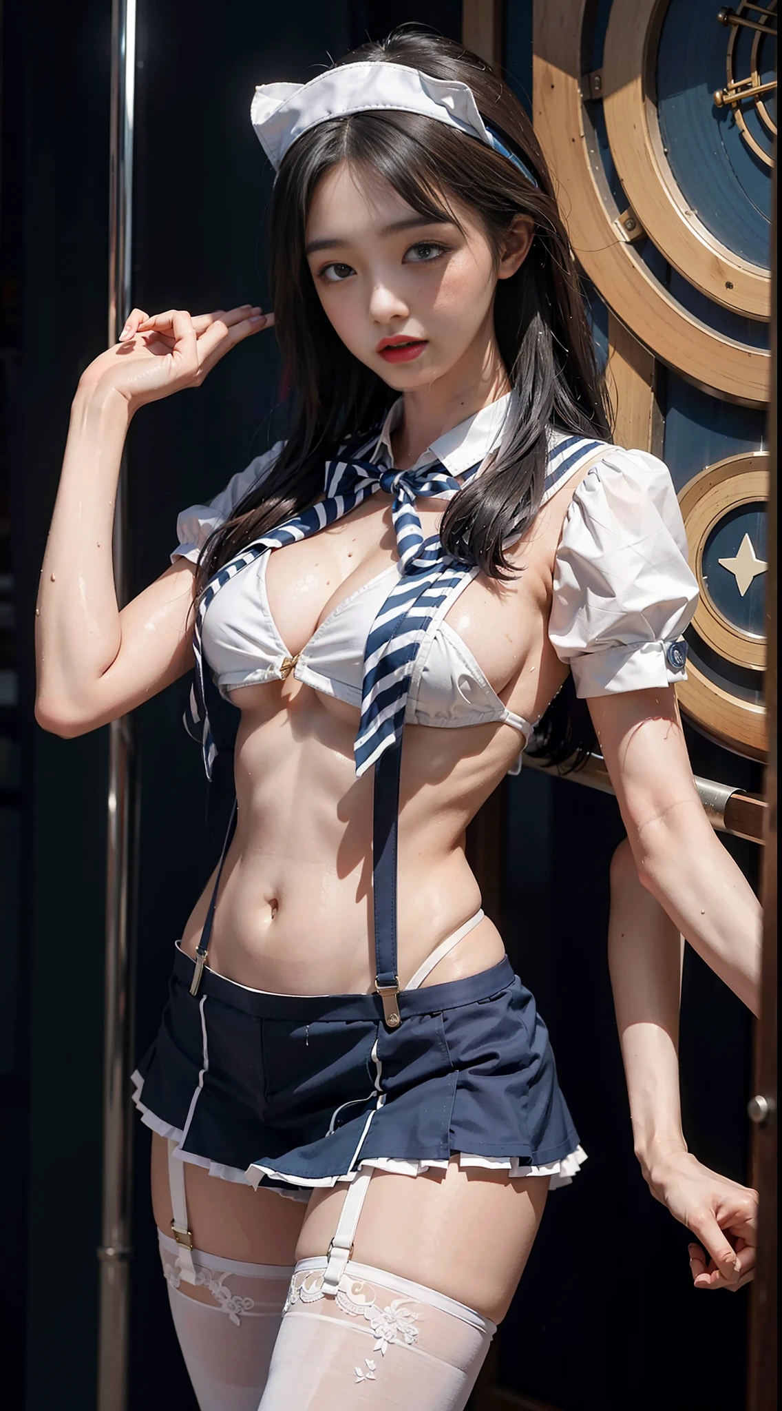 Girl in sailor suit posing for photos, on the cruise ship, wet skin, fluttering hair, tiger teeth, upper body, blue and white, streamers, short skirt, suspender stockings, neck ring, slim figure, oversized bust, slim girl model, 24 year old female model,