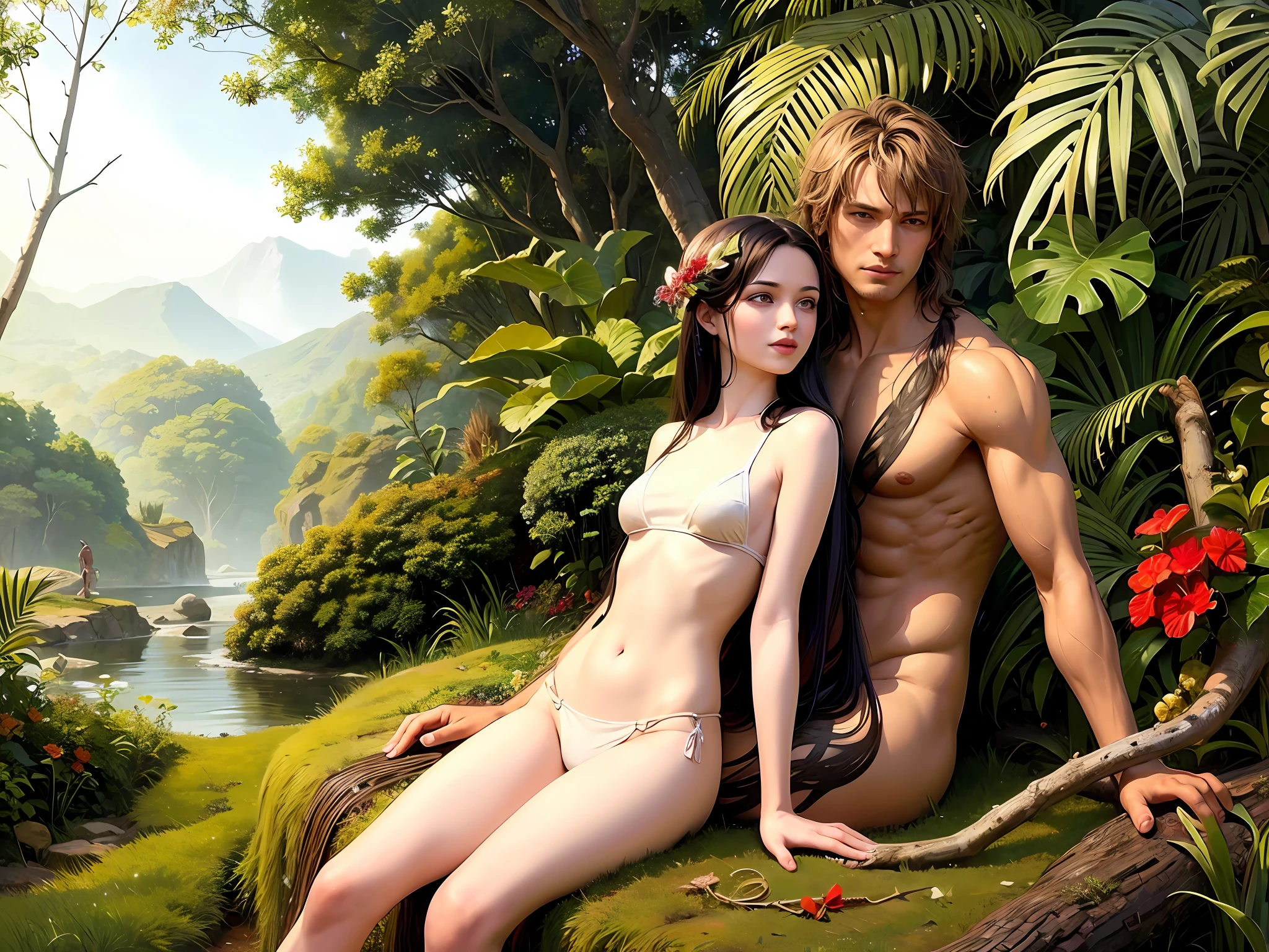 Adam and Eve, in the jungle, dressed with leaves, realistic, extremely detailed