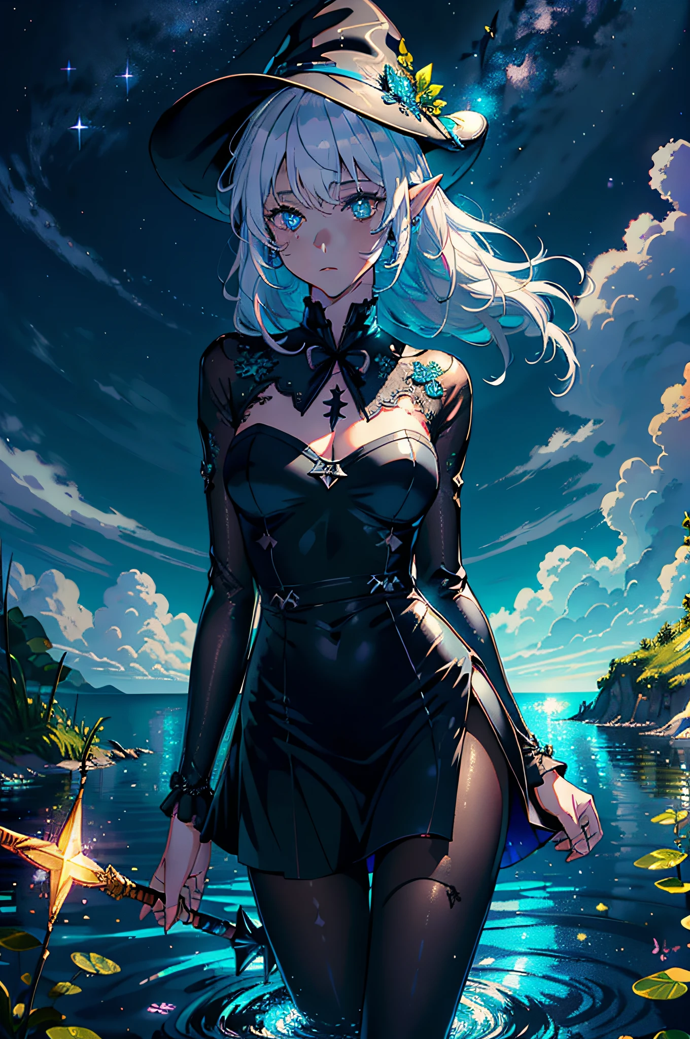 ((masterpiece)), ((bestquality))), (ultra-detailed), (illustration), (disheveledhair), ((colorful refraction)), ((beautiful detailed sky)), (thigh focus), (dark intense shadows), ((cinematic lighting)), ((overexposure)), depth of field, flat color, (beautiful detailed girl), beautiful detailed glow, detailed lighting, detailed water, (beautiful detailed eyes), perfect light, lake, scepter, night, starry sky, 1girl, solo, (80d:1.2), (black pantyhose: 1.2), standing in the sea, partially submerged, leprechaun, white hair, blue eyes, elf ears, wizard hat, white dress, :D, ulzzang-6500-v1.1