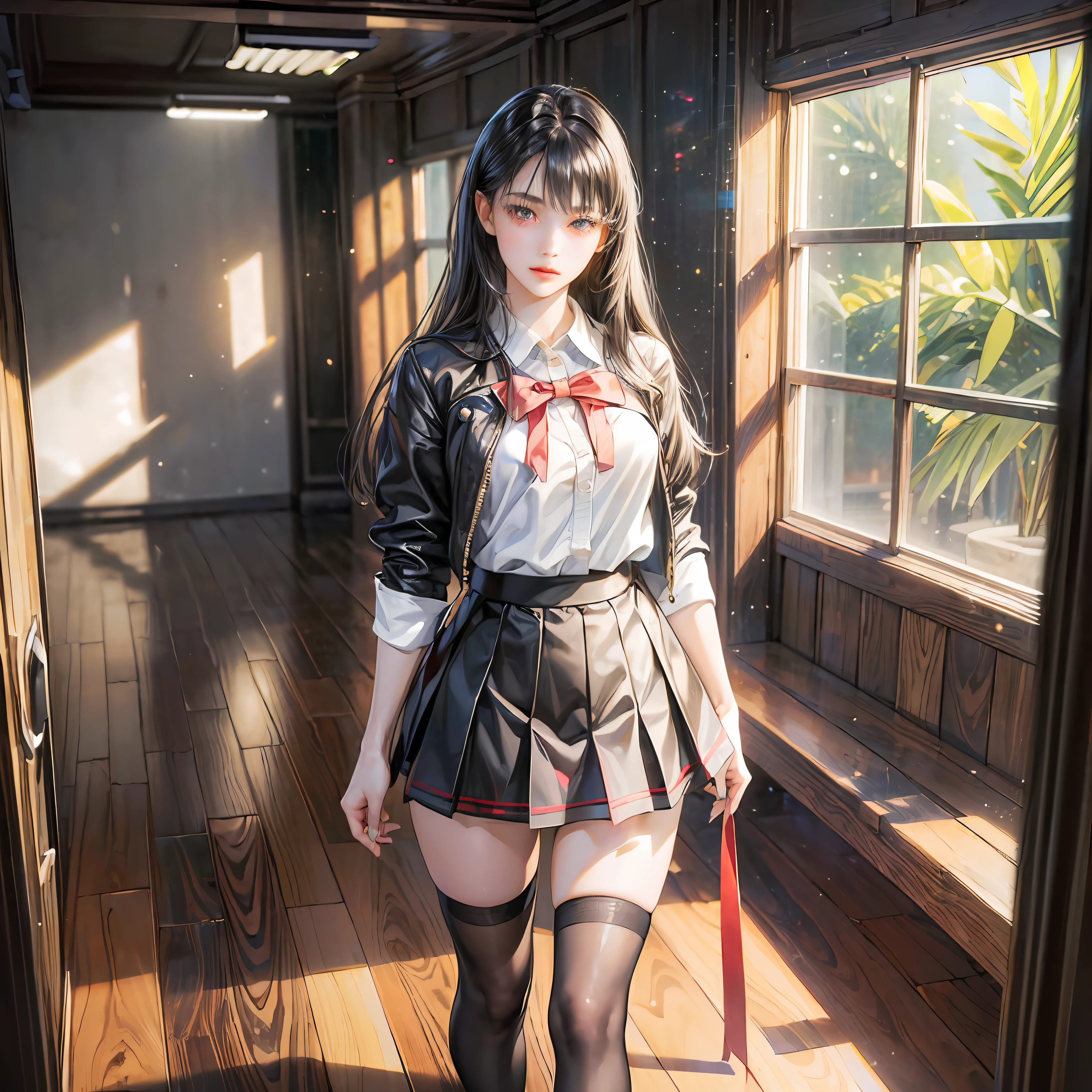 ((masterpiece, best_quality)), 1girl, (photorealistic:1.4),  solo, white_background, black_hair, long_hair,   zettai_ryouiki, skirt, ((full_body)), --auto --s2