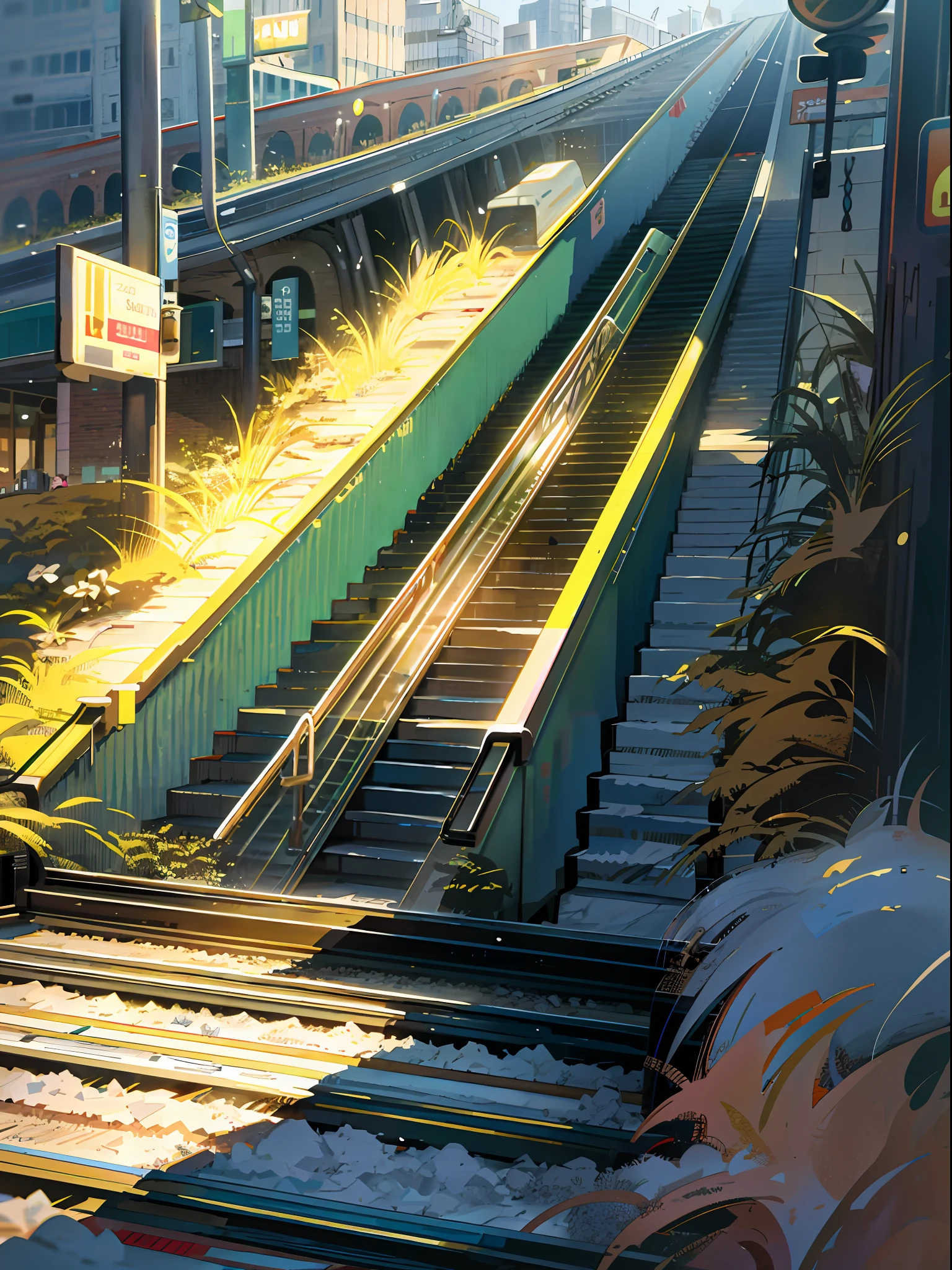 Subway station, train track, bank, informational signs, escalator