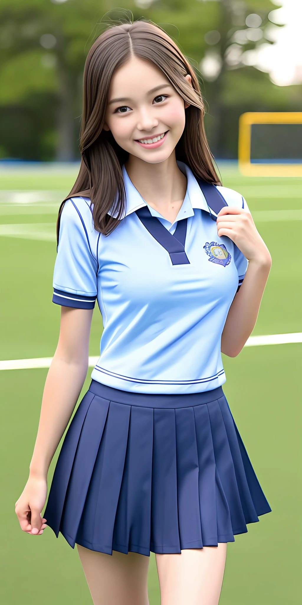 neat college girl, petite person, (school uniform, summer uniform, short sleeve), outside the athletic field, (slim), photorealistic, detail, skin texture, ultra detail, delicate sexy collarbone, smile, super detailed face, detailed lips, detailed eyes, double eyelids, breast enhancement