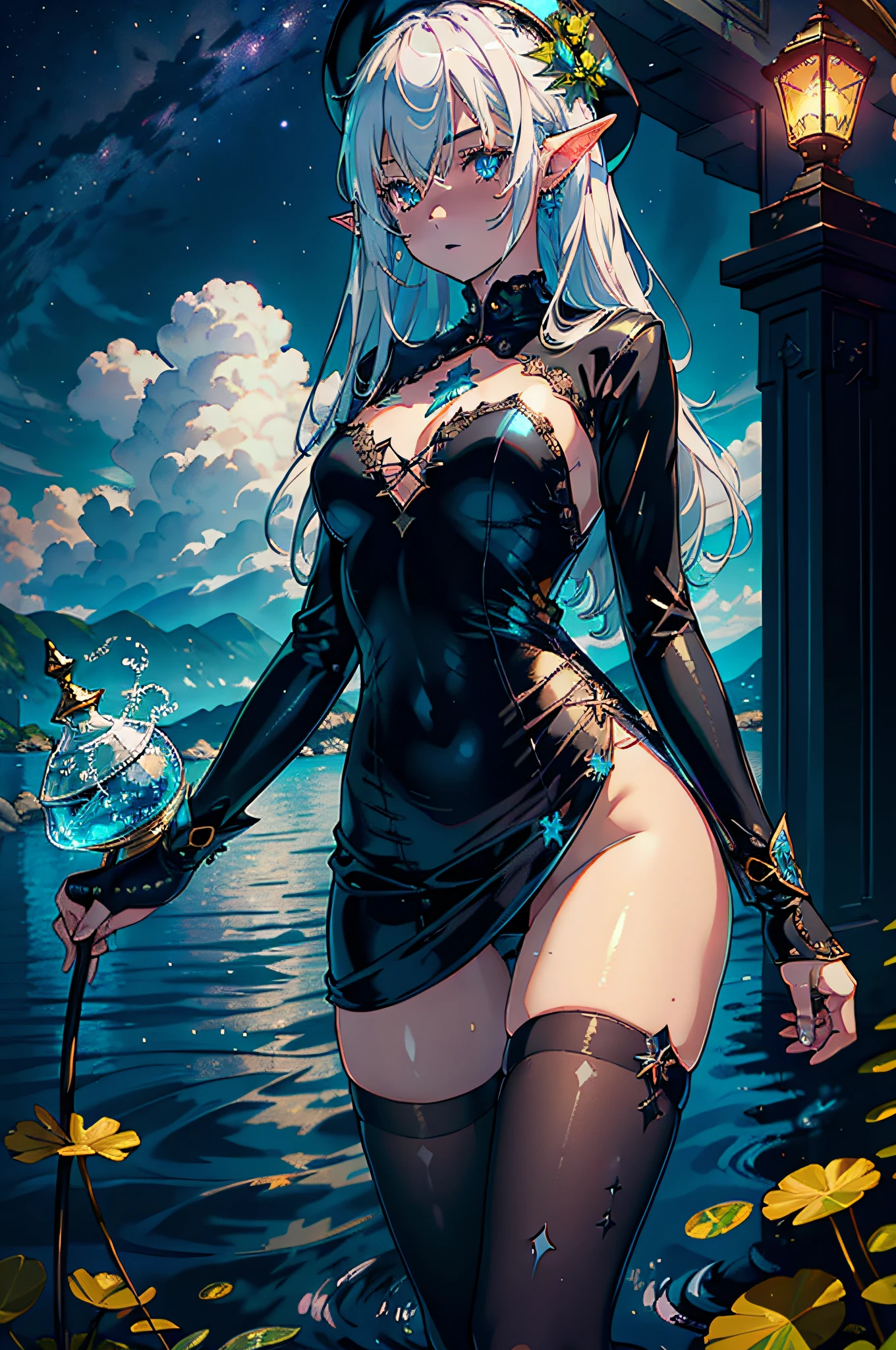 ((masterpiece)), ((bestquality))), (ultra-detailed), (illustration), (disheveledhair), ((colorful refraction)), ((beautiful detailed sky)), (thigh focus), (dark intense shadows), ((cinematic lighting)), ((overexposure)), depth of field, flat color, (beautiful detailed girl), beautiful detailed glow, detailed lighting, detailed water, (beautiful detailed eyes), perfect light, lake, scepter, night, starry sky, 1girl, solo, (80d:1.2), (black pantyhose: 1.2), standing in the sea, partially submerged, leprechaun, white hair, blue eyes, elf ears, wizard hat, white dress, :D, ulzzang-6500-v1.1