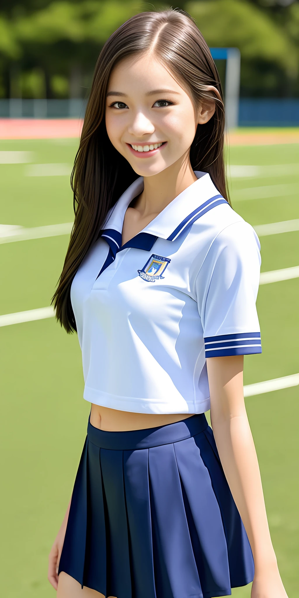 neat college girl, petite person, (school uniform, summer uniform, short sleeve), outside the athletic field, (slim), photorealistic, detail, skin texture, ultra detail, delicate sexy collarbone, smile, super detailed face, detailed lips, detailed eyes, double eyelids, breast enhancement
