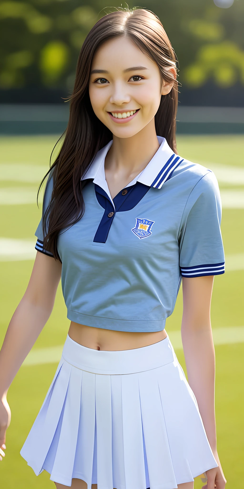 neat college girl, petite person, (school uniform, summer uniform, short sleeve), outside the athletic field, (slim), photorealistic, detail, skin texture, ultra detail, delicate sexy collarbone, smile, super detailed face, detailed lips, detailed eyes, double eyelids, breast enhancement