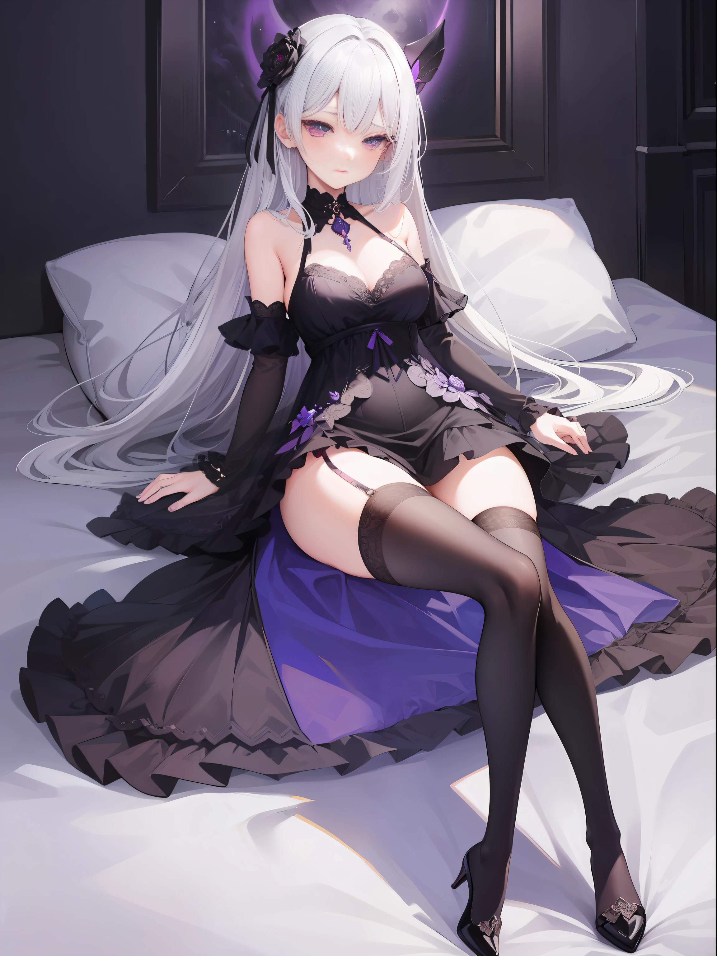 A beautiful girl, sweet, full body photo, black lace, silver long hair, closed moon flower, overwhelmed by the country, incomparably beautiful, black stockings, purple eyes, full body portrait, close-up, high heels, full body portrait, lying on the bed, purple and black gauze skirt, delicate facial features, perfect figure, neat silver long hair, moaning, seduction, bare shoulders,