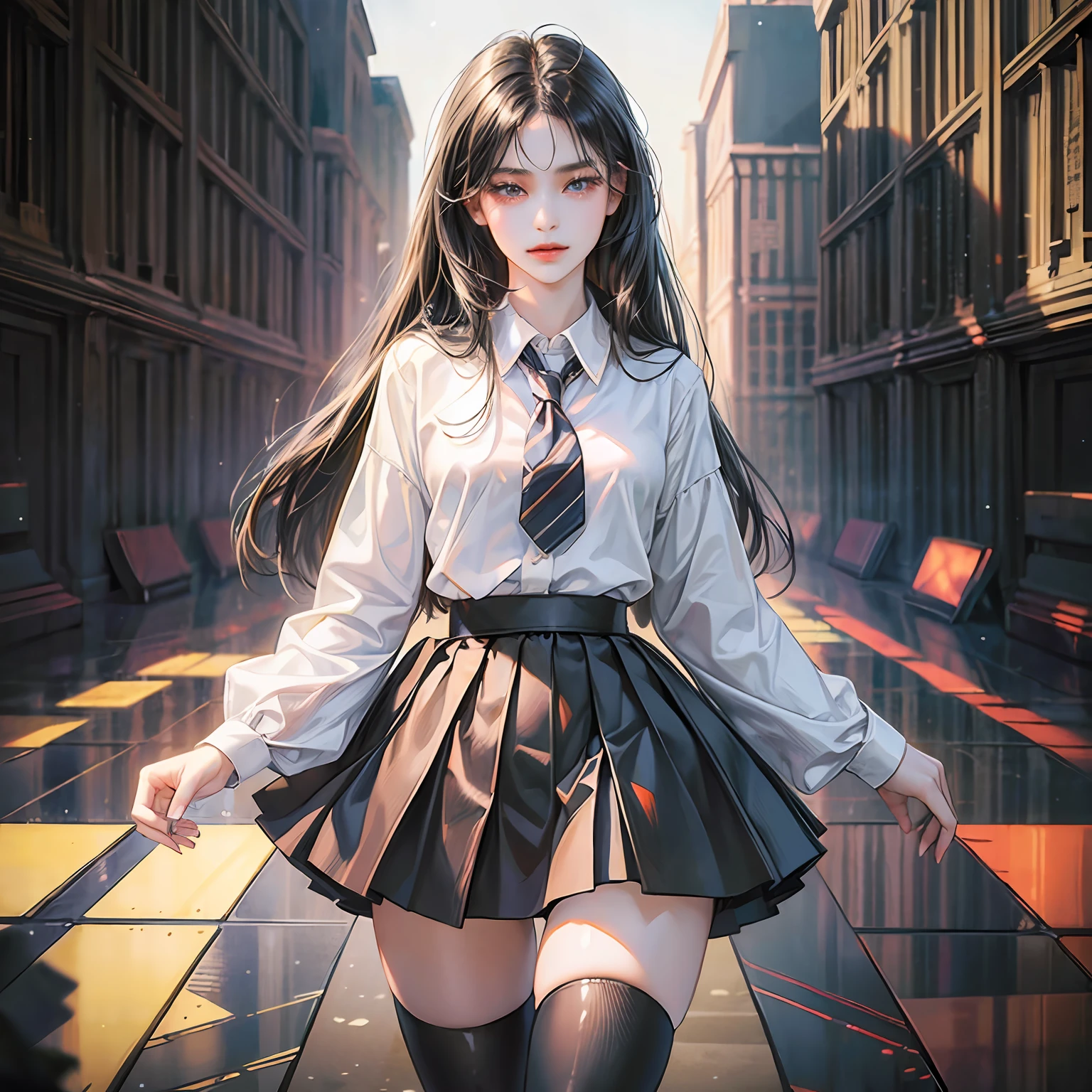 ((masterpiece, best_quality)), 1girl, (photorealistic:1.4), solo, white_background, black_hair, long_hair, zettai_ryouiki, skirt, ((full_body)), --auto --s2