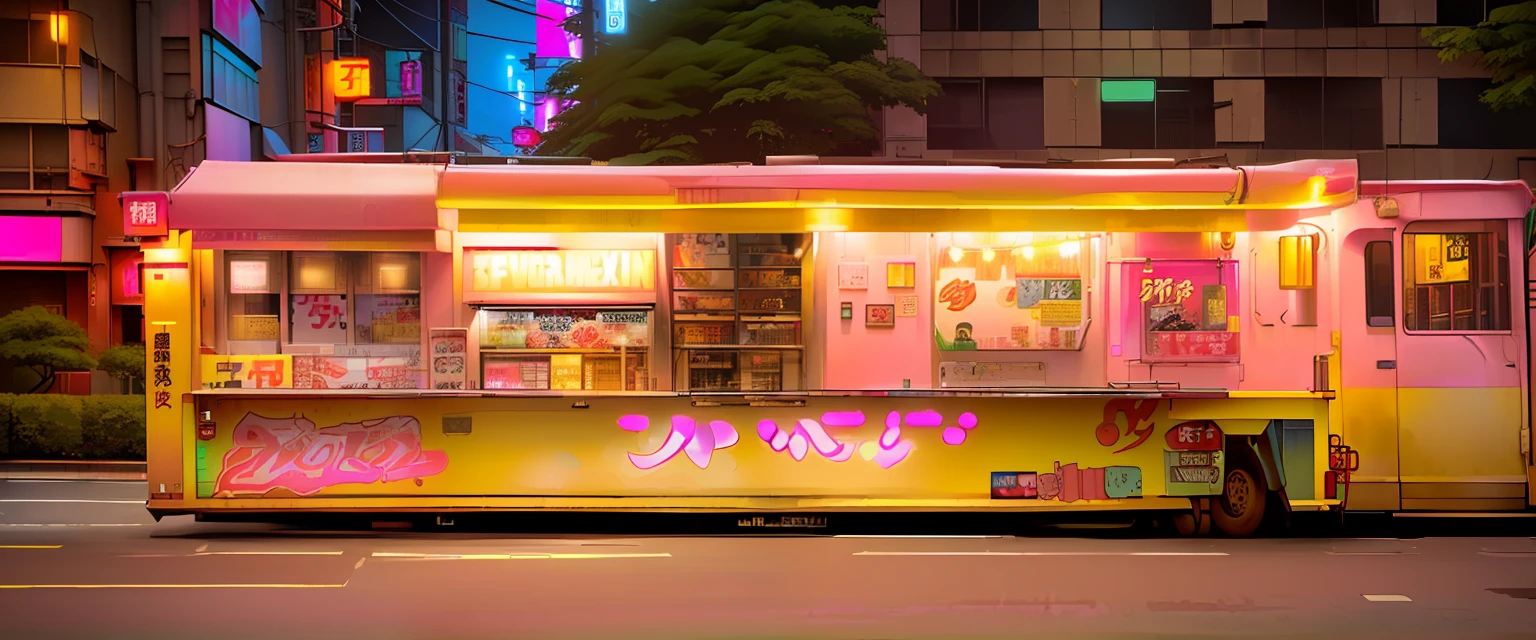 yellow food truck with pink lettering on side of street at night, neon tokyo, deserted shinjuku junk, vibrant art, cyberpunk streets in japan, neon street, with neon lighting, japanese neon signs, neon aesthetic, vibrant aesthetic, kawaii aesthetic, ❤🔥🍄🌪, arasaka, japan travel aesthetic, けもの, vibrant lights