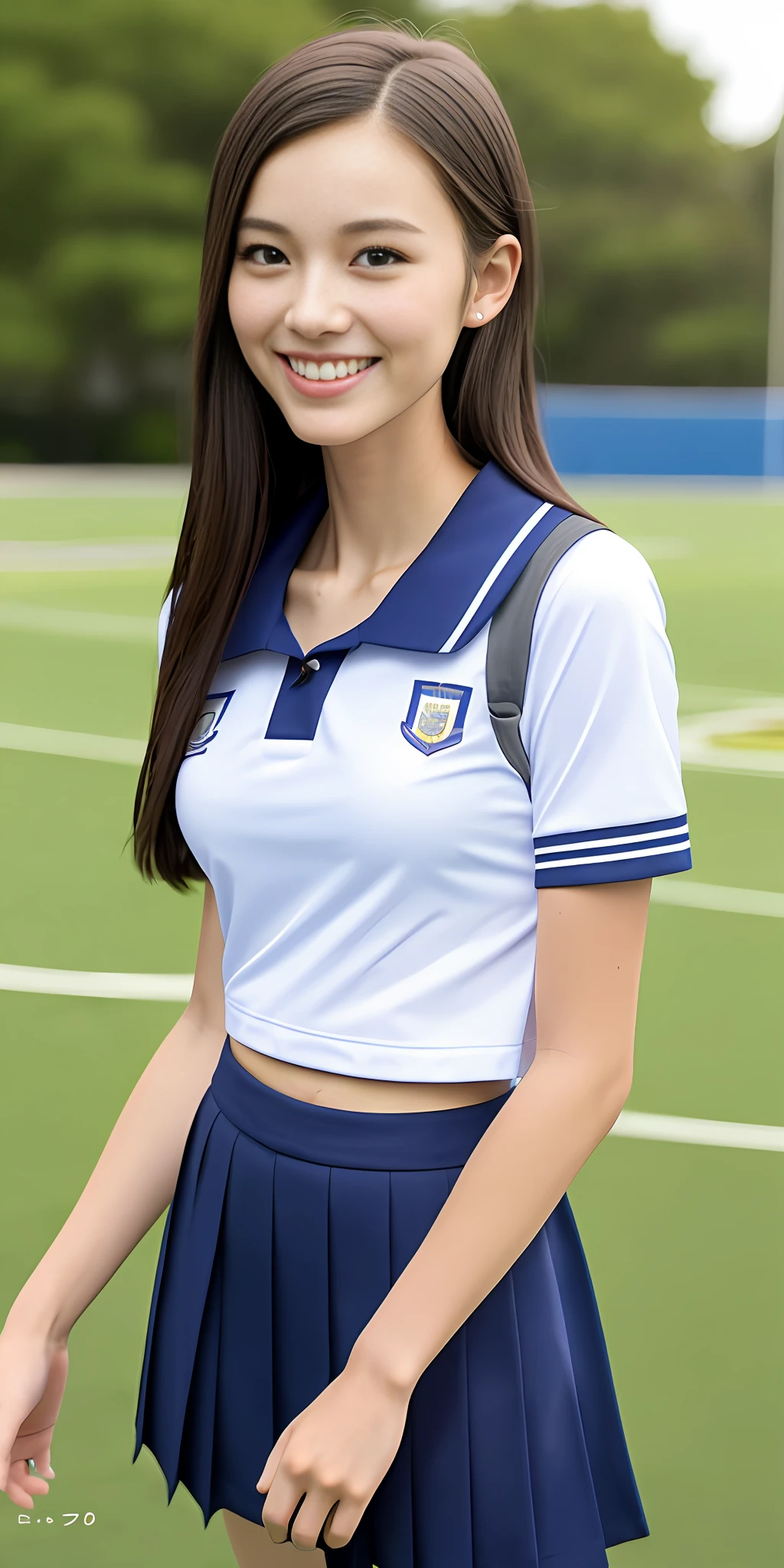 neat college girl, petite person, (school uniform, summer uniform, short sleeve), outside the athletic field, (slim), photorealistic, detail, skin texture, ultra detail, delicate sexy collarbone, smile, super detailed face, detailed lips, detailed eyes, double eyelids, breast enhancement