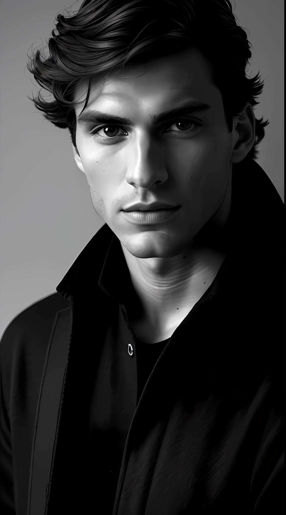 Raw Photo, Photo Essay, Fashion Photography, Male Model, Enigmatic, Soft Earthy Makeup, Earthy Eye Shadow, European Man, South American Man, Brown Eyes, Fabric as Background, Fashion, Beauty Editorial, Brilliant, Illuminated Background, Diffused Light, Whole Body, Portrait Plane, Black & White, Realistic, High Quality, Sony A7III, 8k, 16mm 2.4 Lens, Soft Black Fog Filter