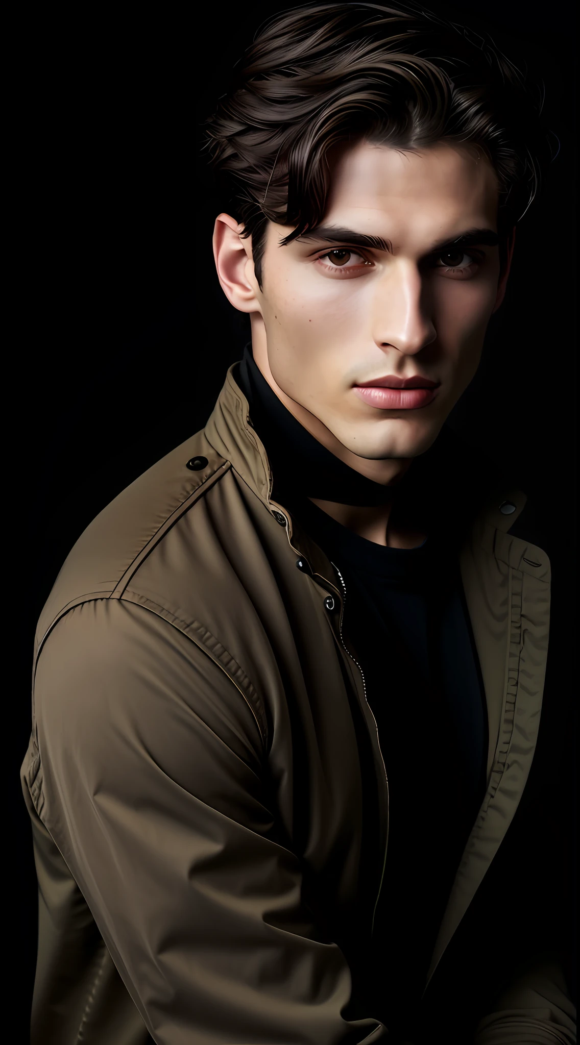 Raw Photo, Photo Essay, Fashion Photography, Male Model, Enigmatic, Soft Earthy Makeup, Earthy Eye Shadow, European Man, South American Man, Brown Eyes, Fabric as Background, Fashion, Beauty Editorial, Brilliant, Illuminated Background, Diffused Light, Whole Body, Portrait Plane, Black & White, Realistic, High Quality, Sony A7III, 8k, 16mm 2.4 Lens, Soft Black Fog Filter